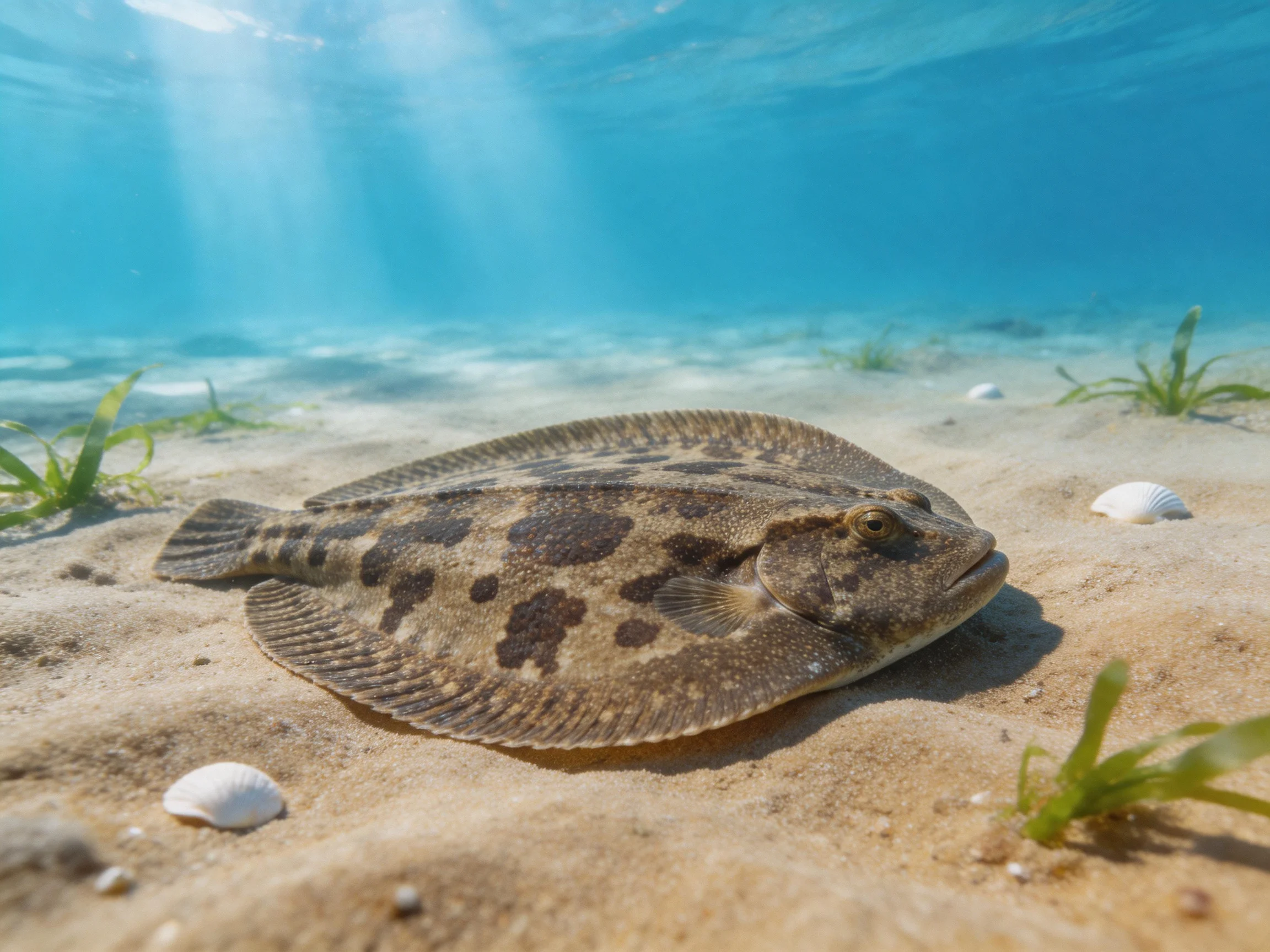 A spotted flatfish rests on sandy seabed near seashells