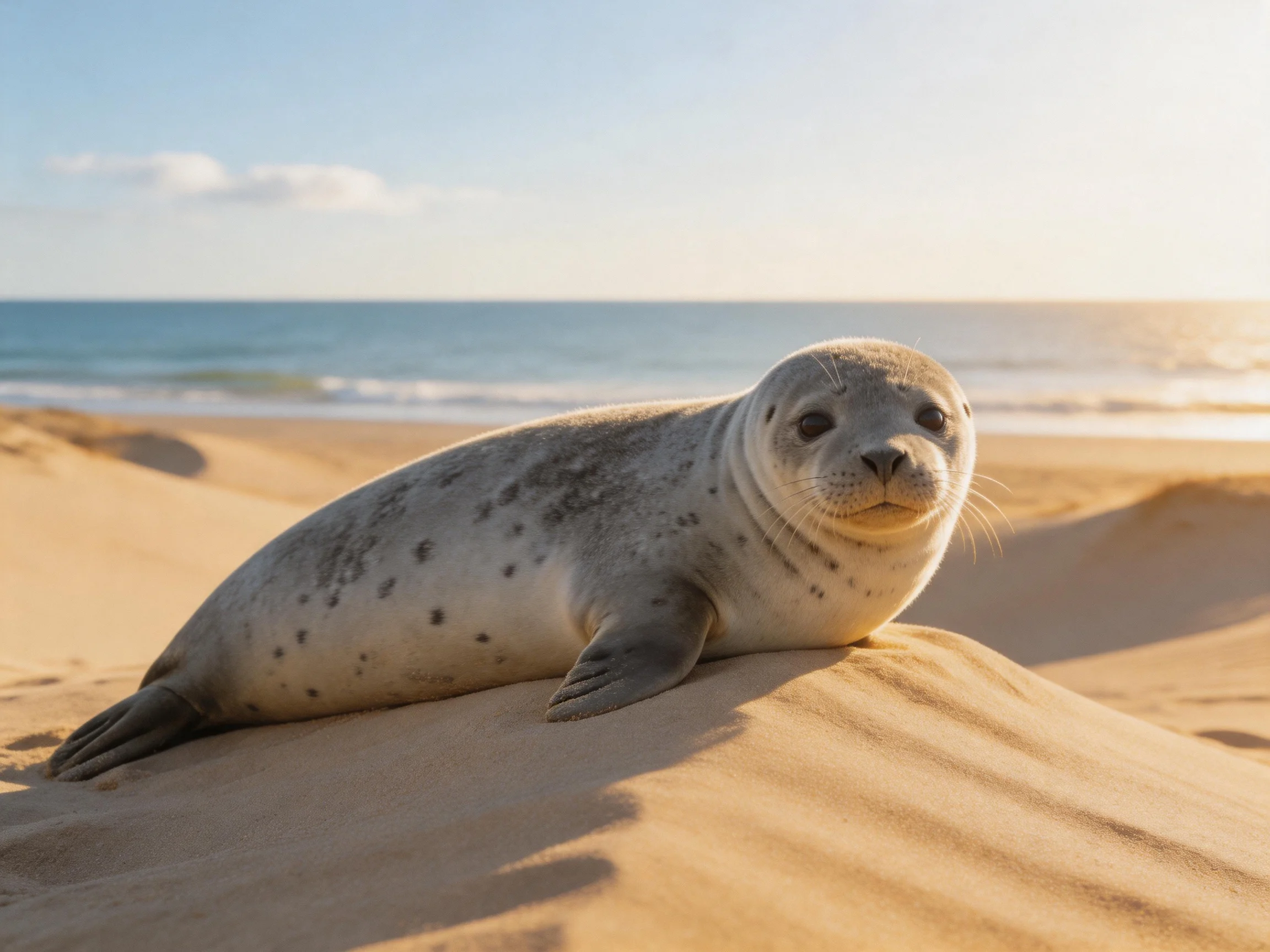 A spotted gray seal rests on golden sand by the blue ocean