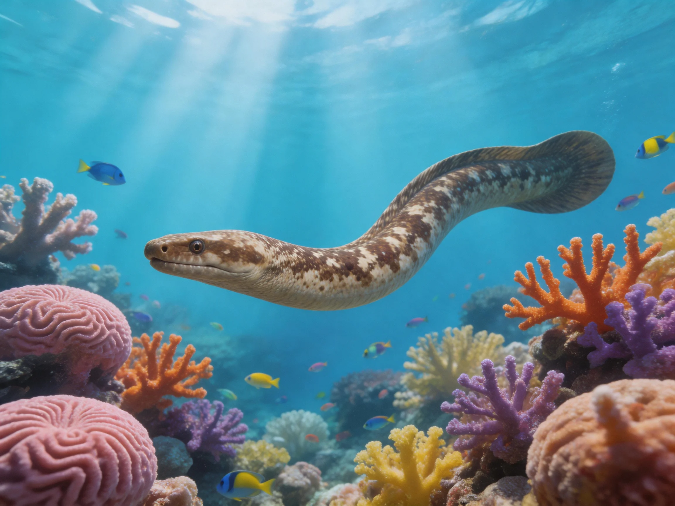 A spotted moray eel swims among colorful corals and small fish