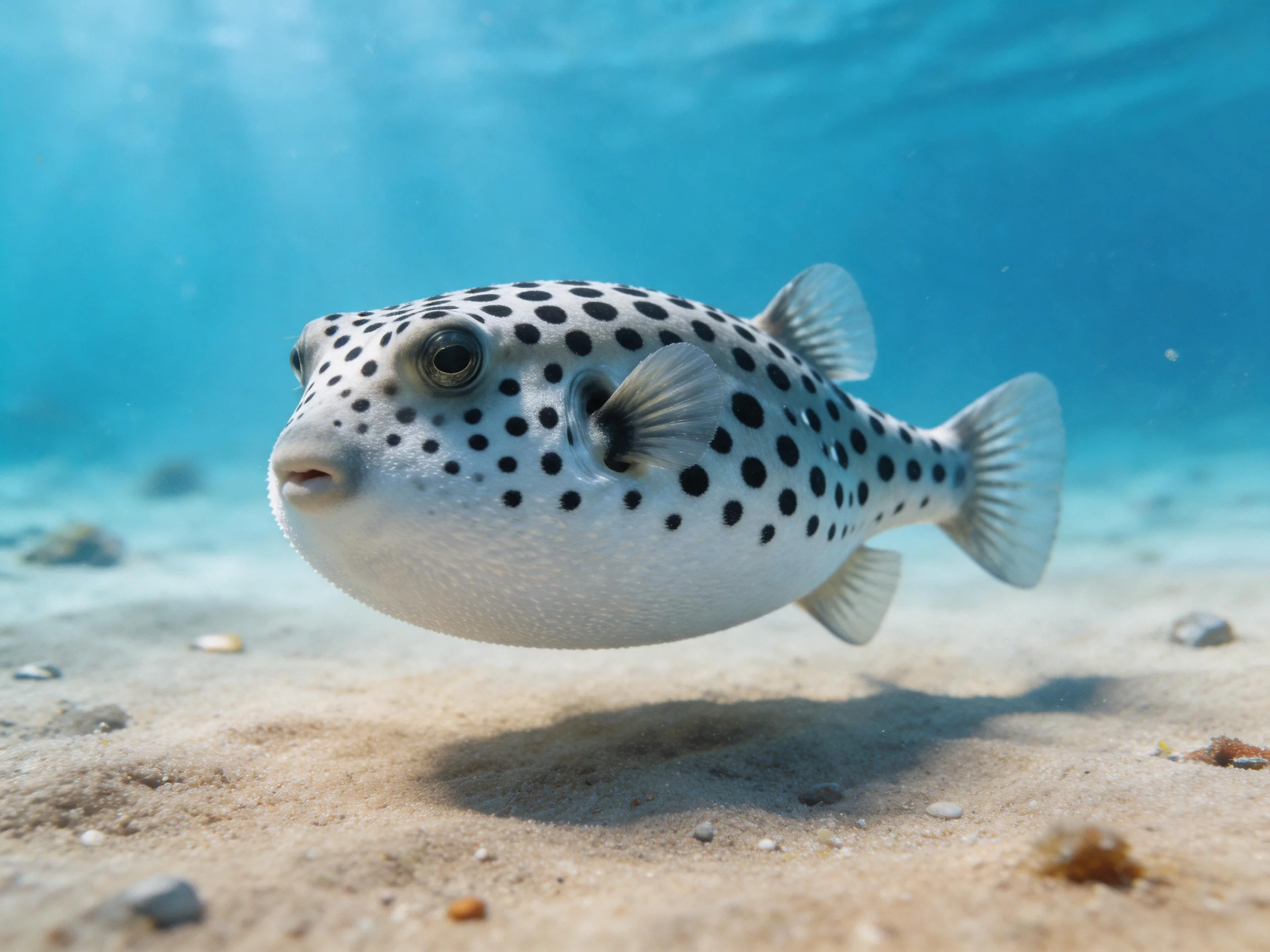 A spotted pufferfish swimming near a sandy ocean floor