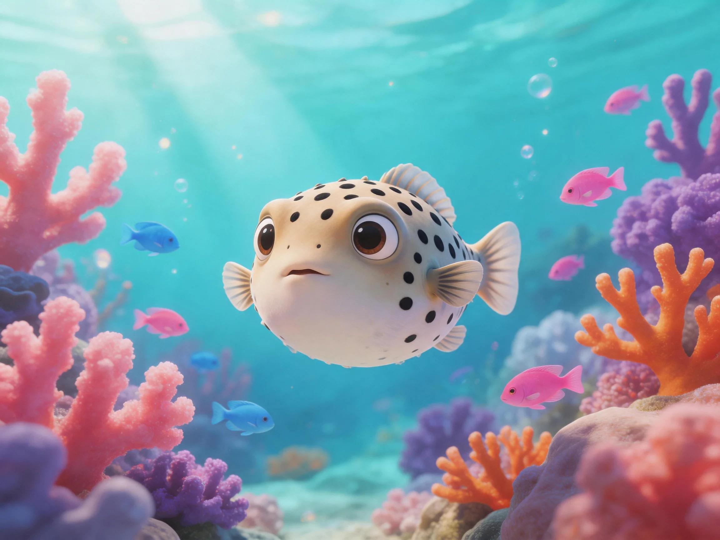 A spotted pufferfish swims among colorful coral reefs and small fish