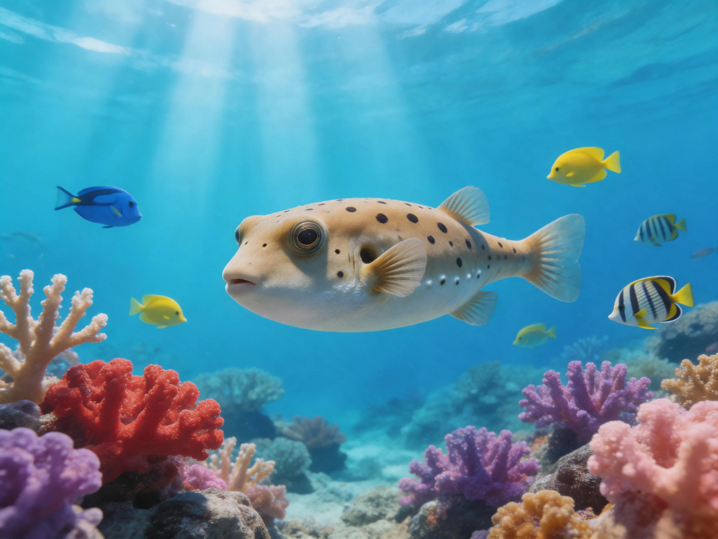 A spotted pufferfish swims among colorful fish near a coral reef