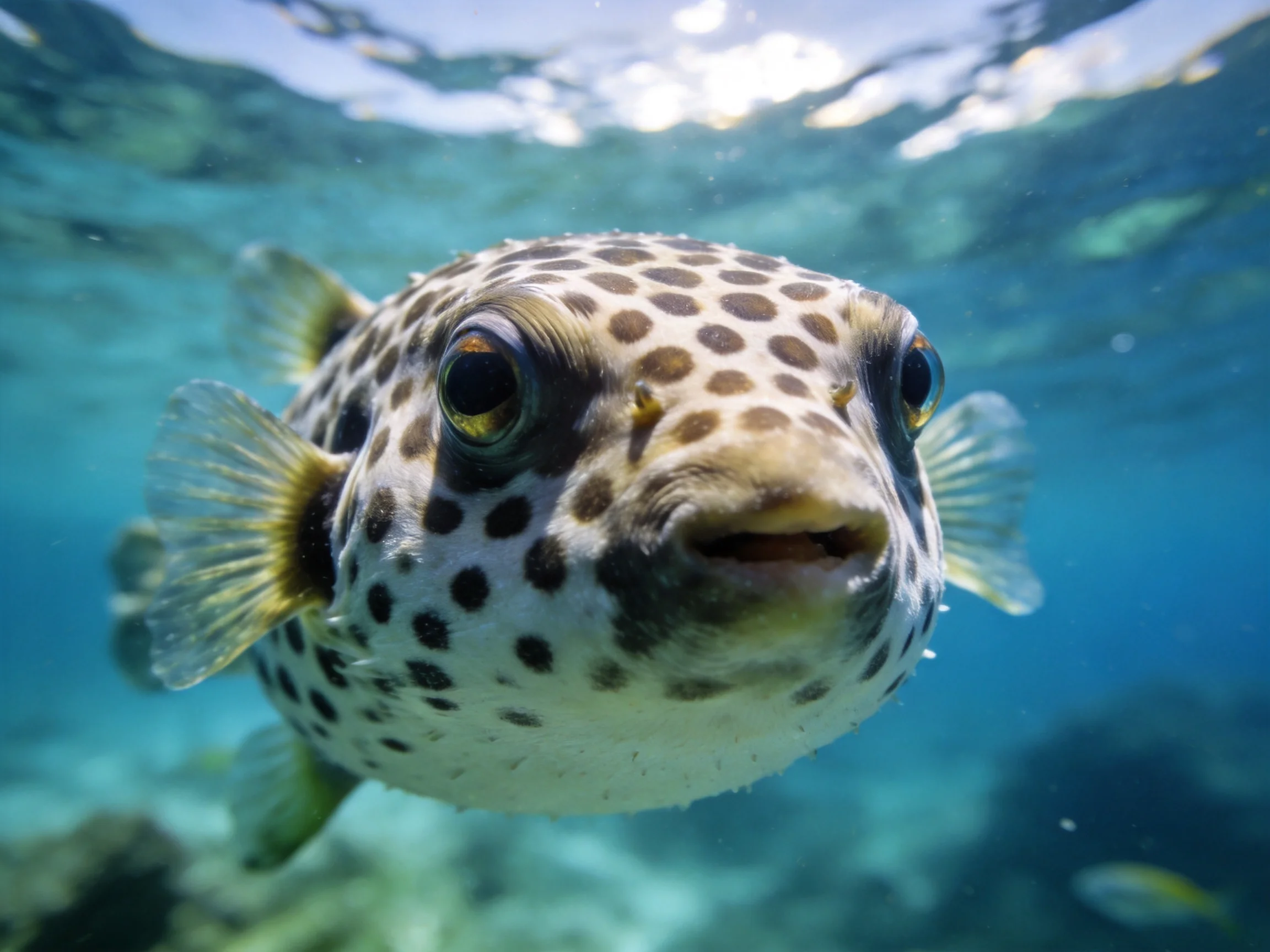 A spotted pufferfish swims near the surface in clear turquoise seawater