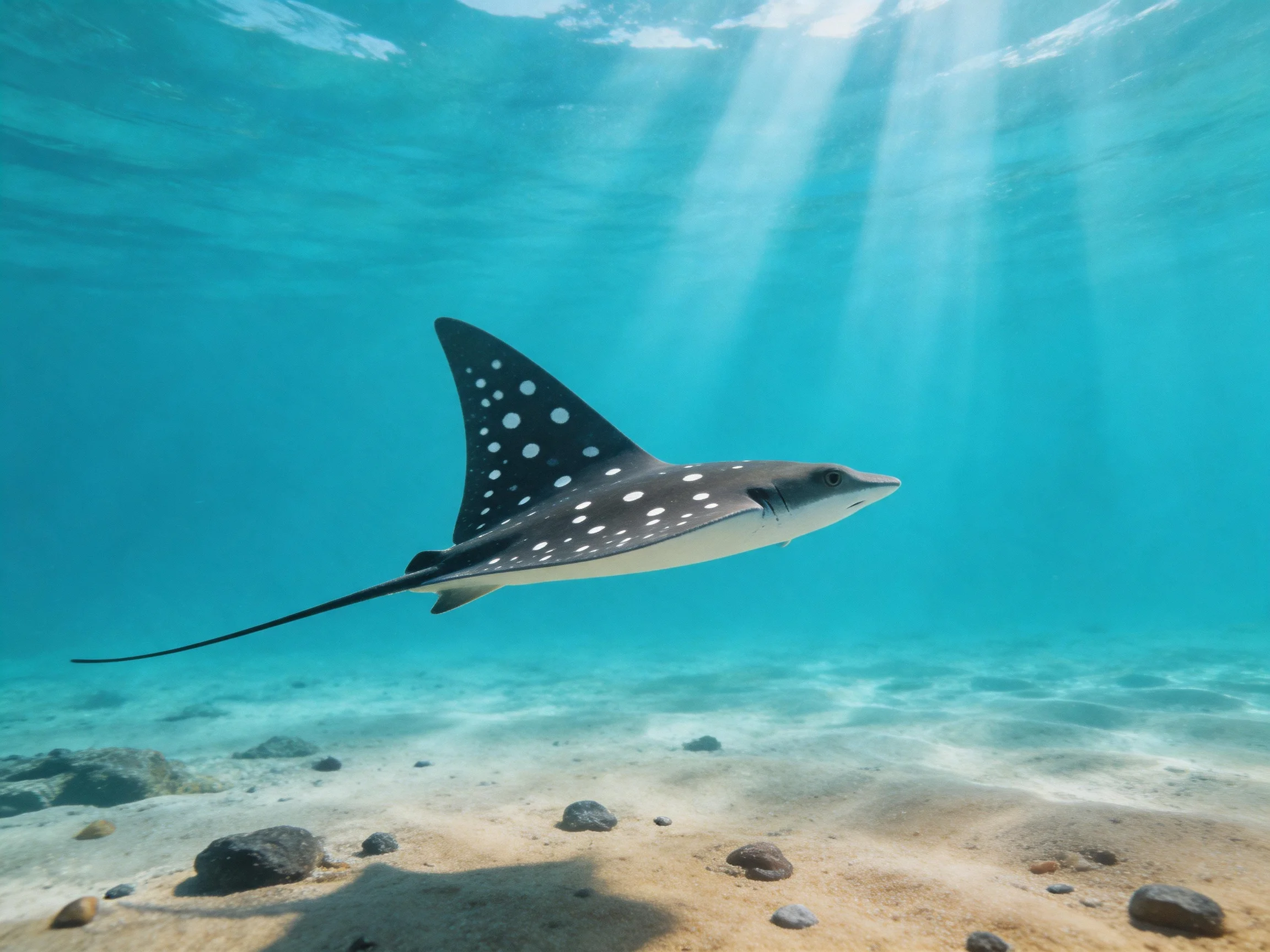 A spotted ray swims through clear turquoise waters over a sandy seabed