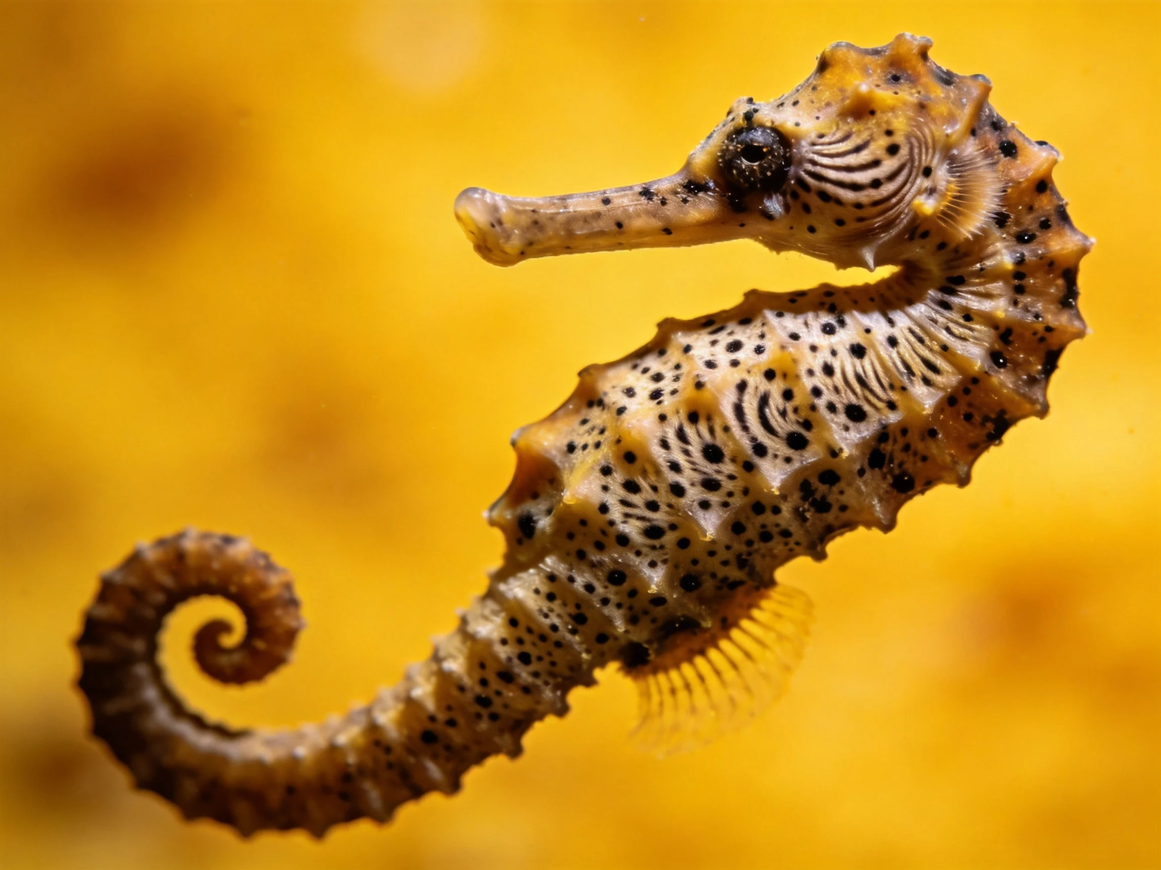 A spotted seahorse with coiled tail against warm golden backdrop