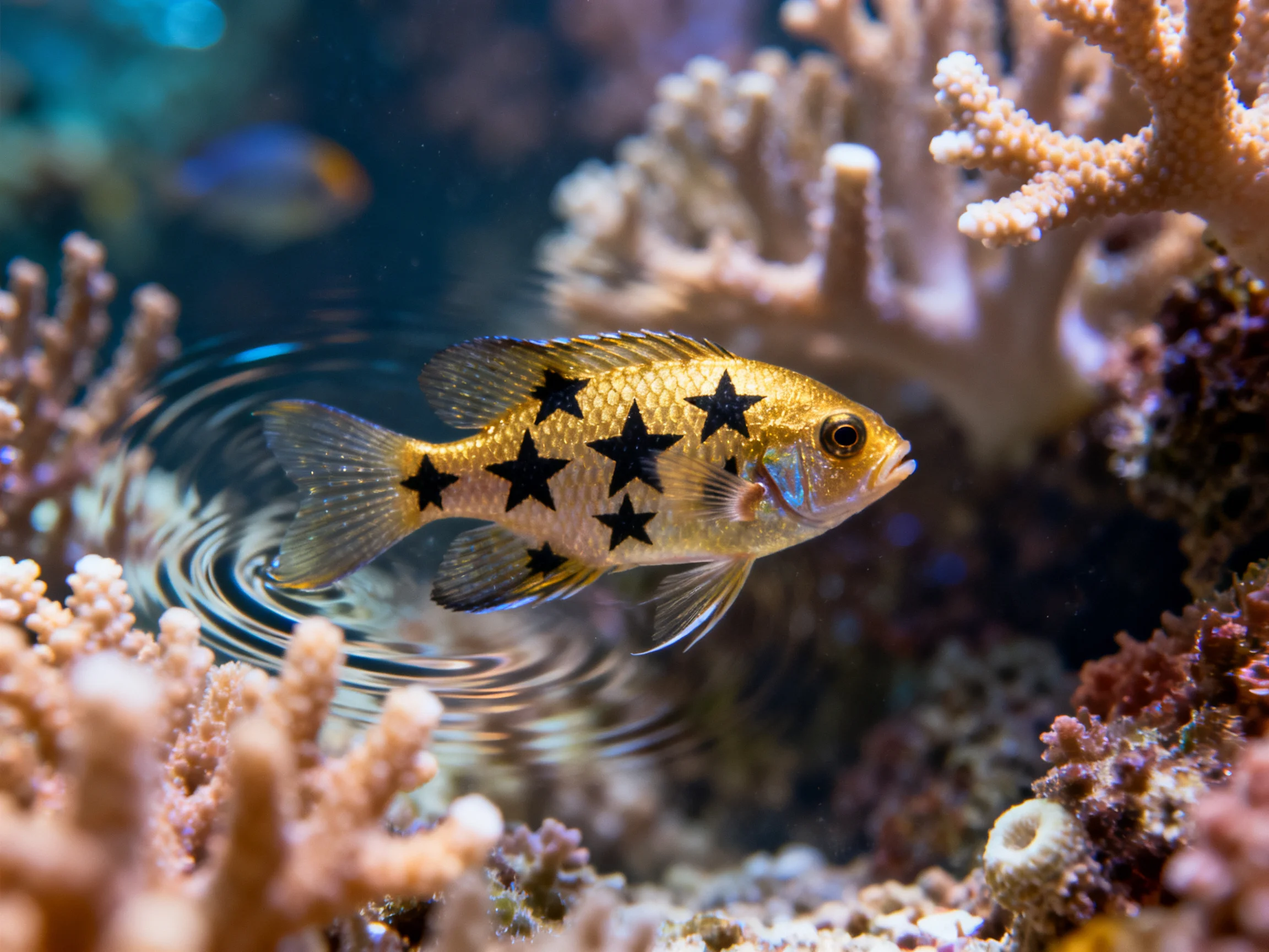 A star-patterned fish swims amid colorful corals in an underwater ecosystem.