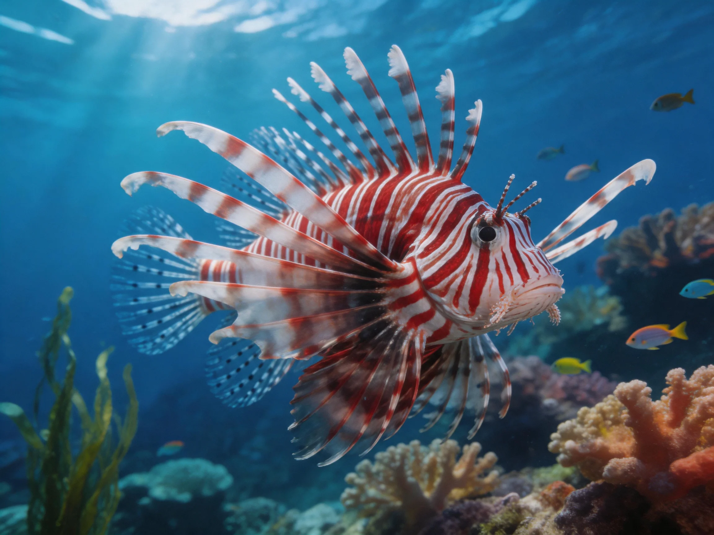 A striking lionfish glides near diverse coral formations