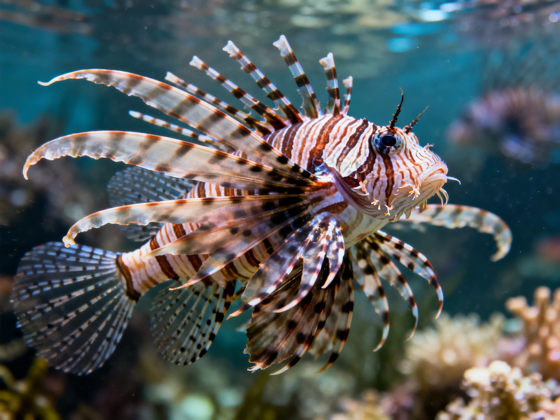 A striking lionfish with bold stripes swims near coral reefs