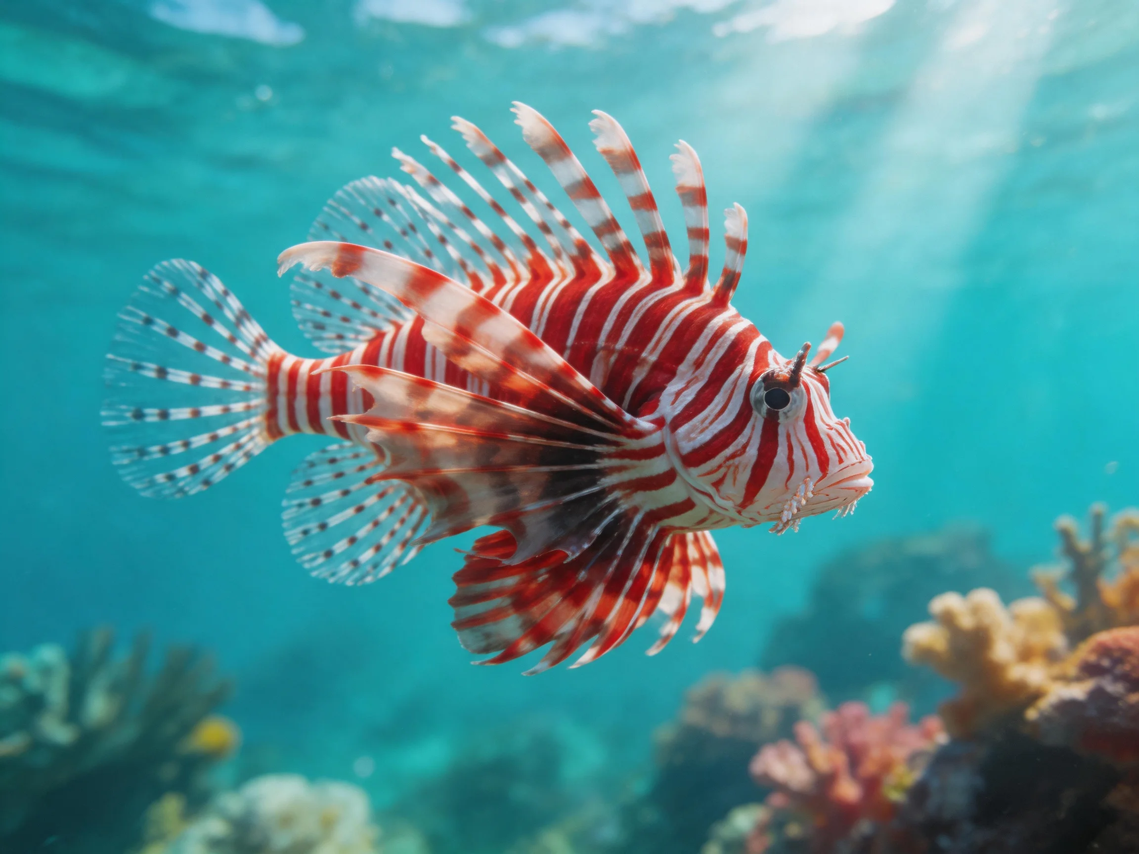 A striking lionfish with red and white stripes swims near coral reefs
