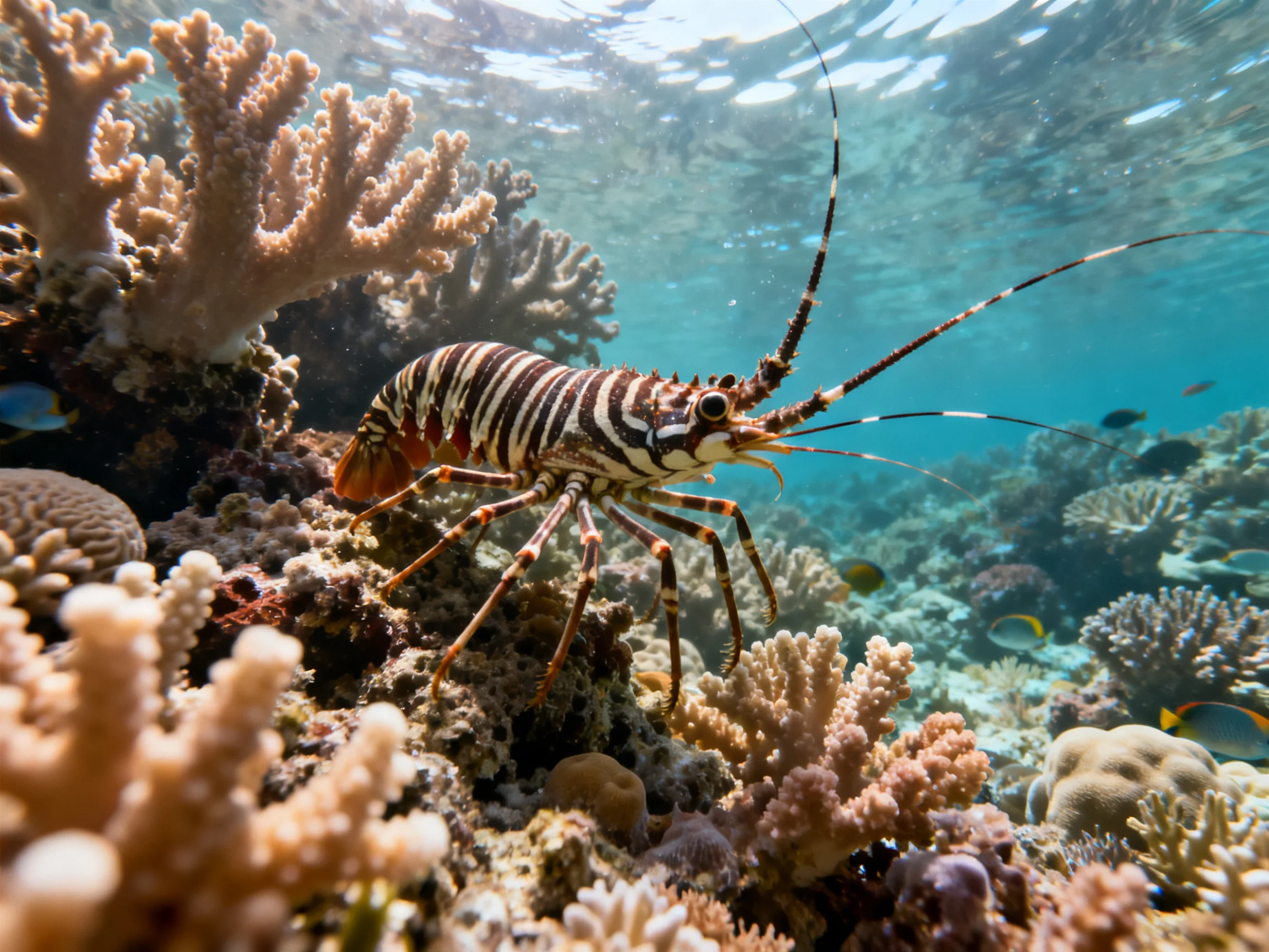 A striped crustacean explores vibrant coral reef formations