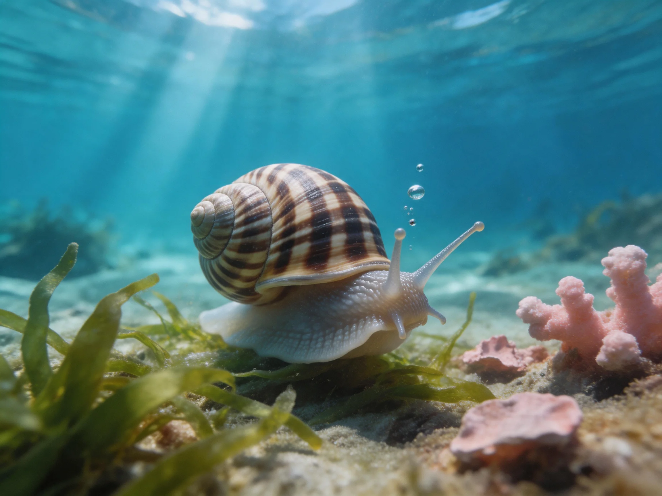 A striped-shelled snail explores an underwater seabed with coral and seaweed