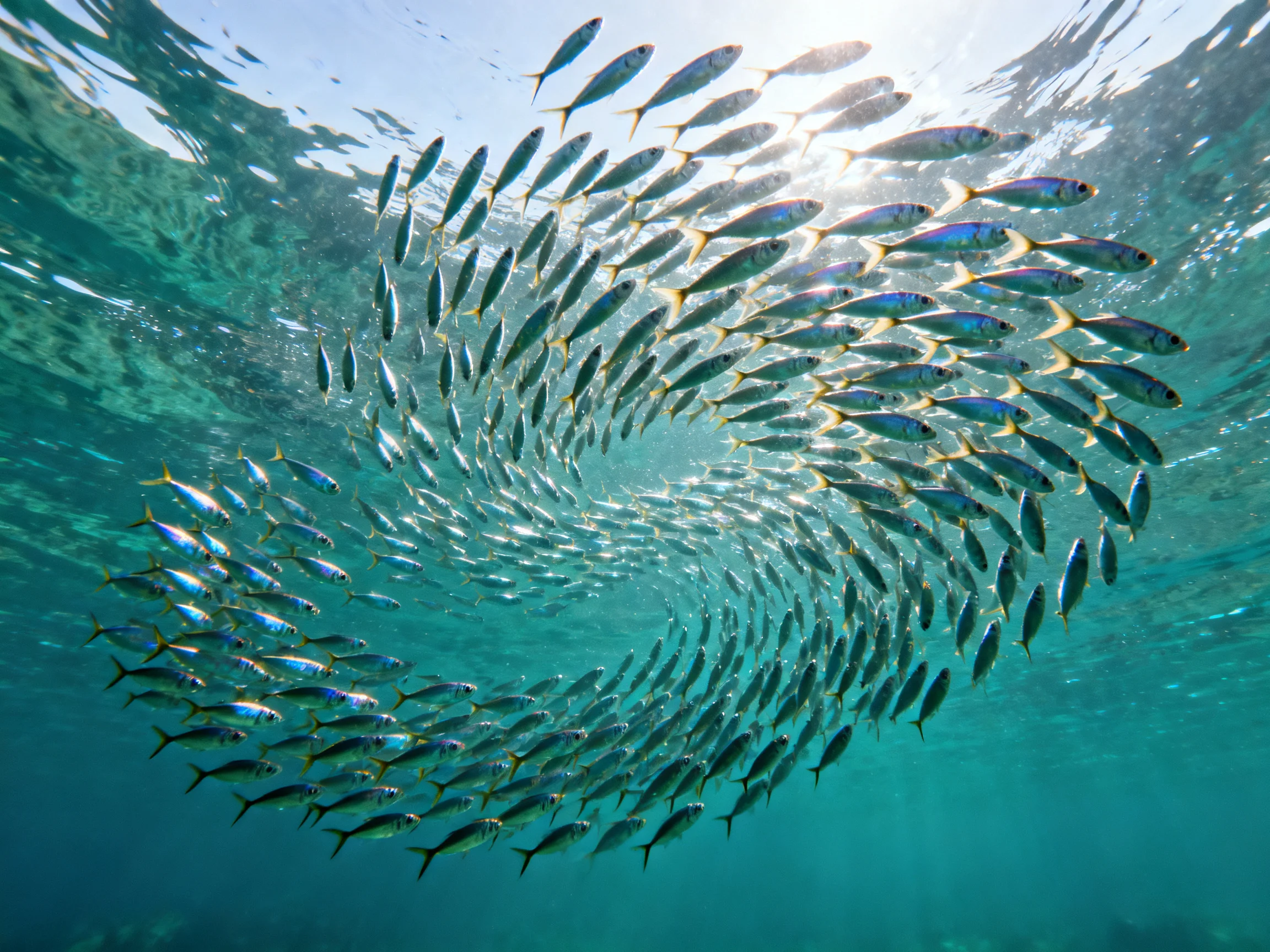 A swirling school of silver fish in turquoise ocean waters