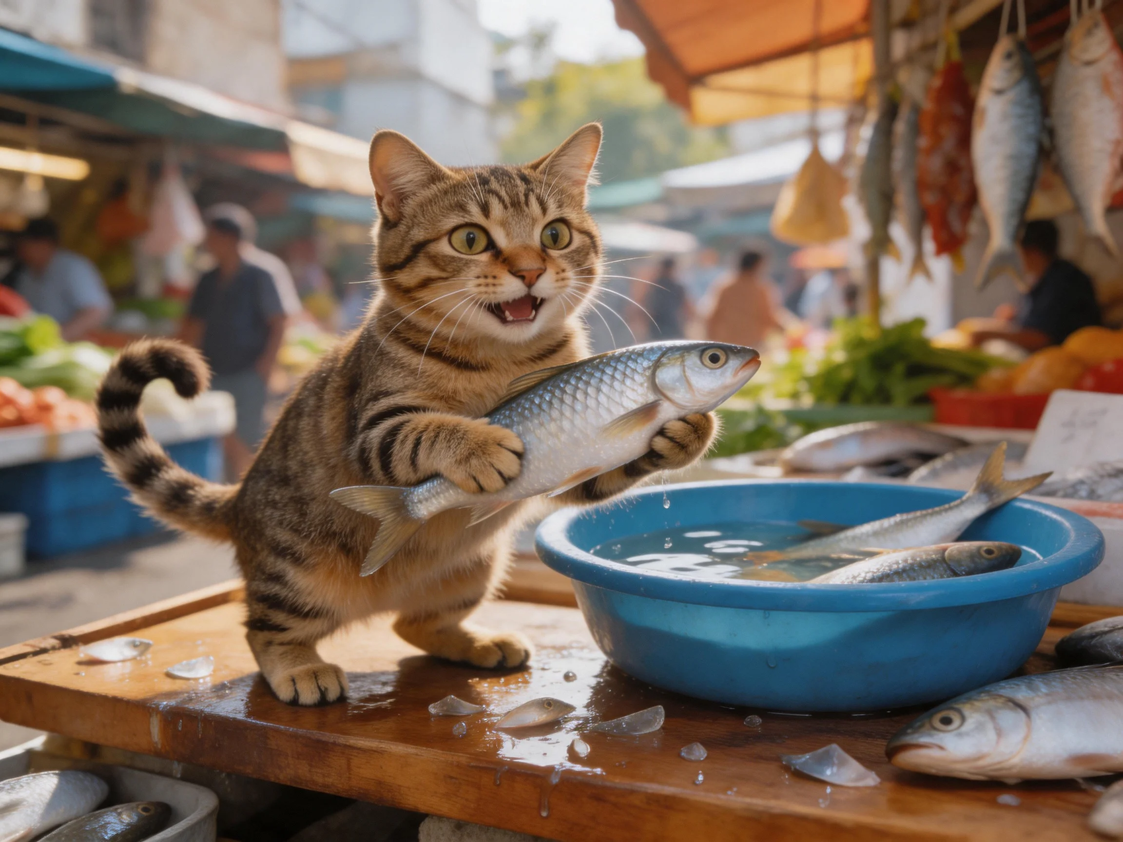 A tabby cat holds a silver fish at an outdoor seafood market