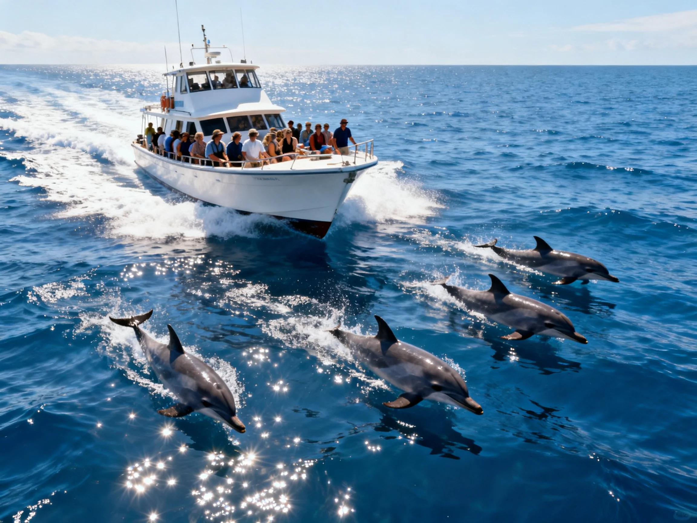 A tour boat with passengers near four dolphins in blue water