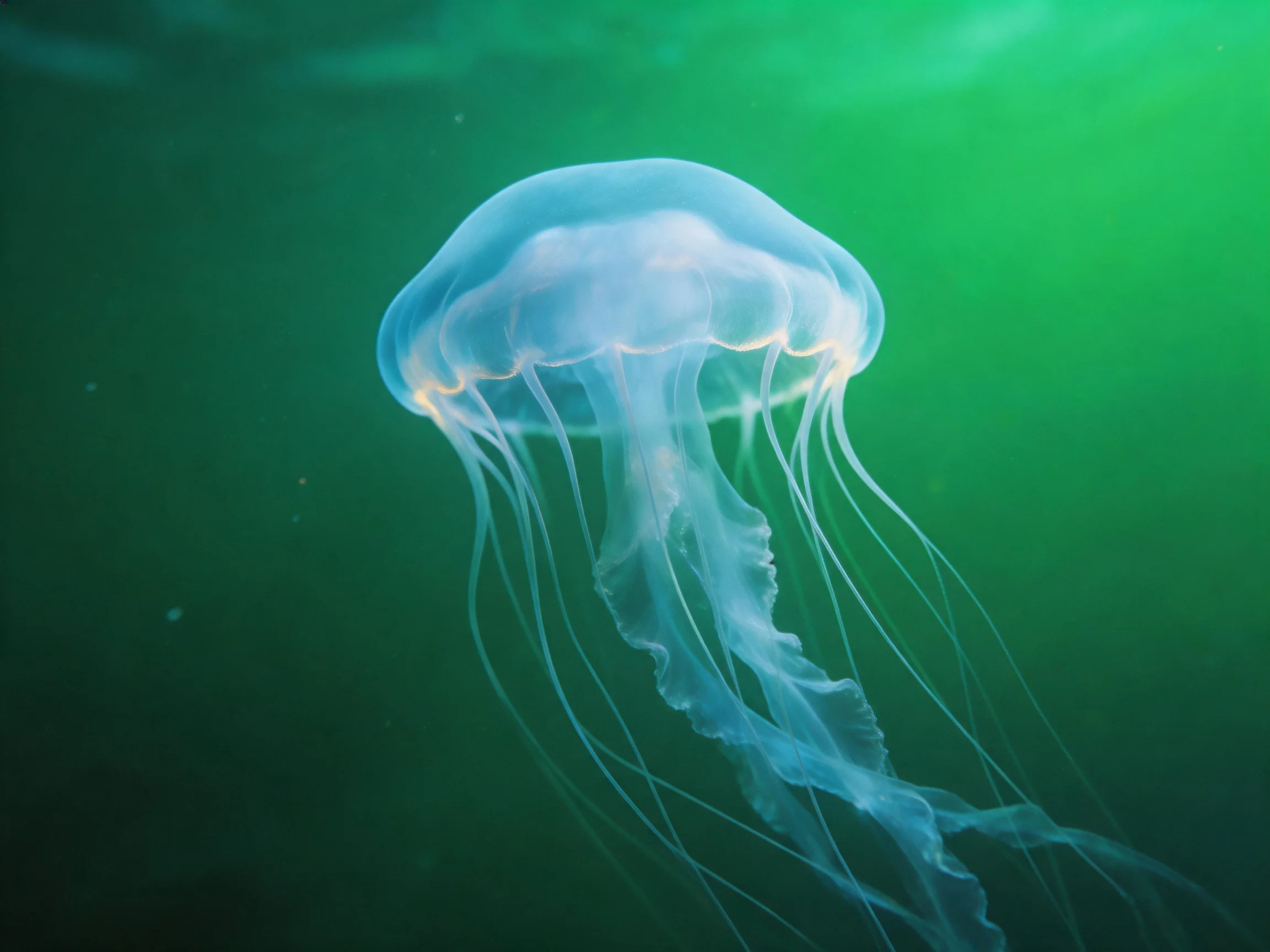 A translucent blue jellyfish drifts in deep green aquatic surroundings