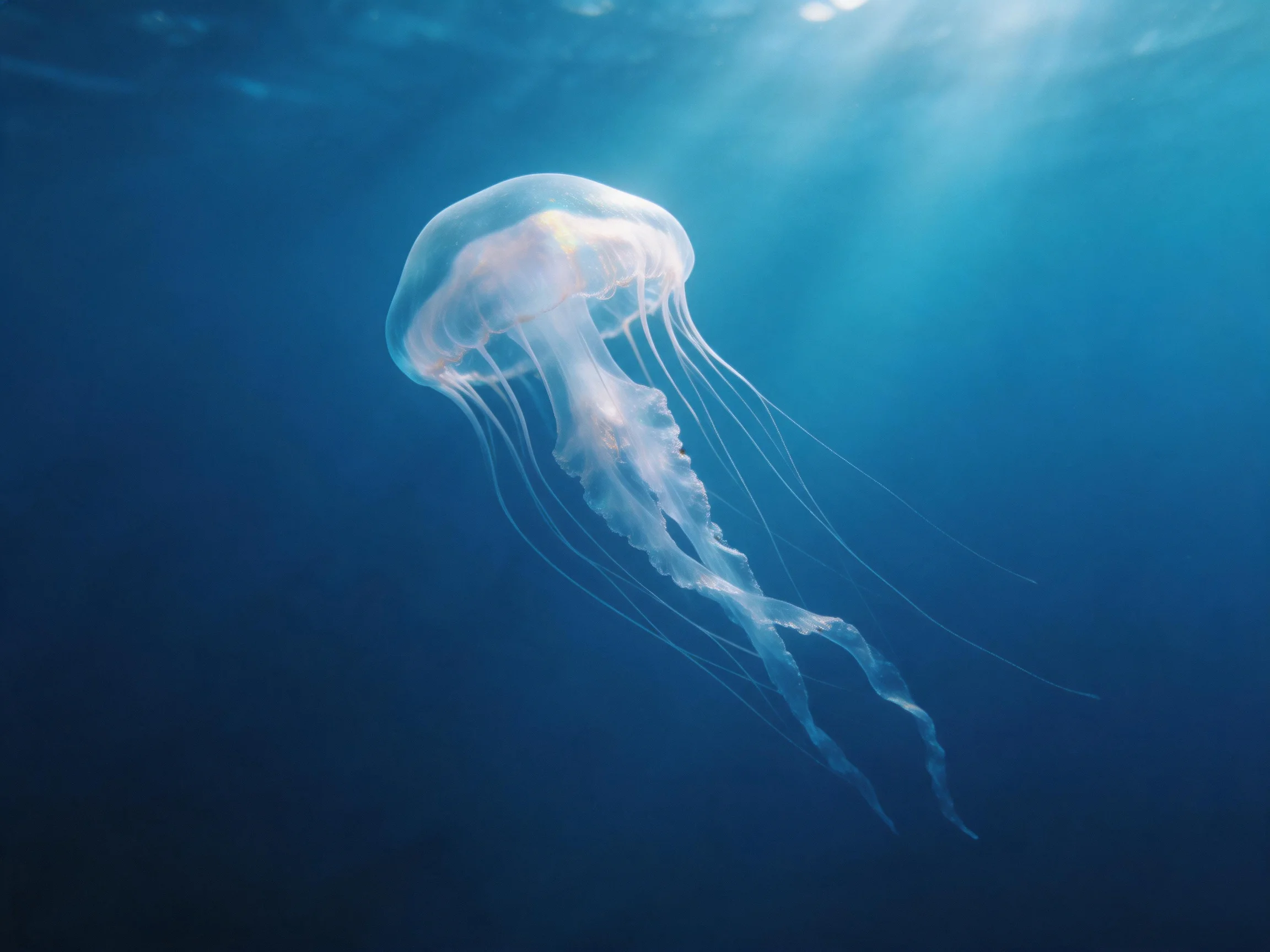 A translucent jellyfish drifts in deep blue ocean depths with sunlight filtering through water.