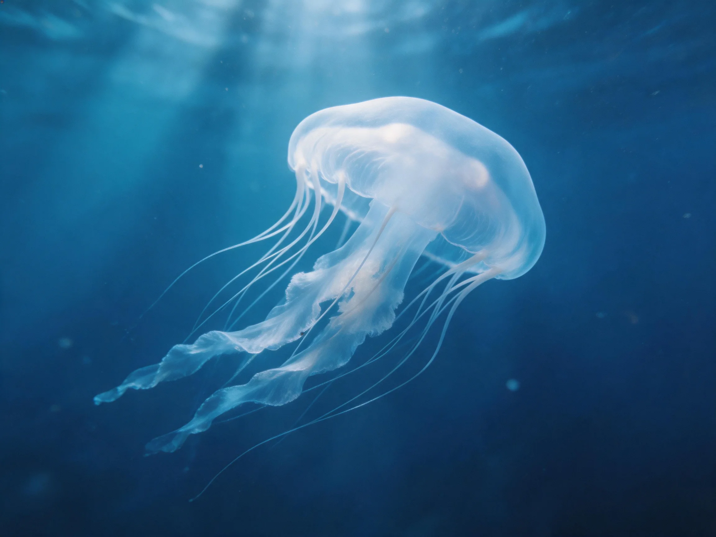 A translucent jellyfish drifts in deep blue ocean waters