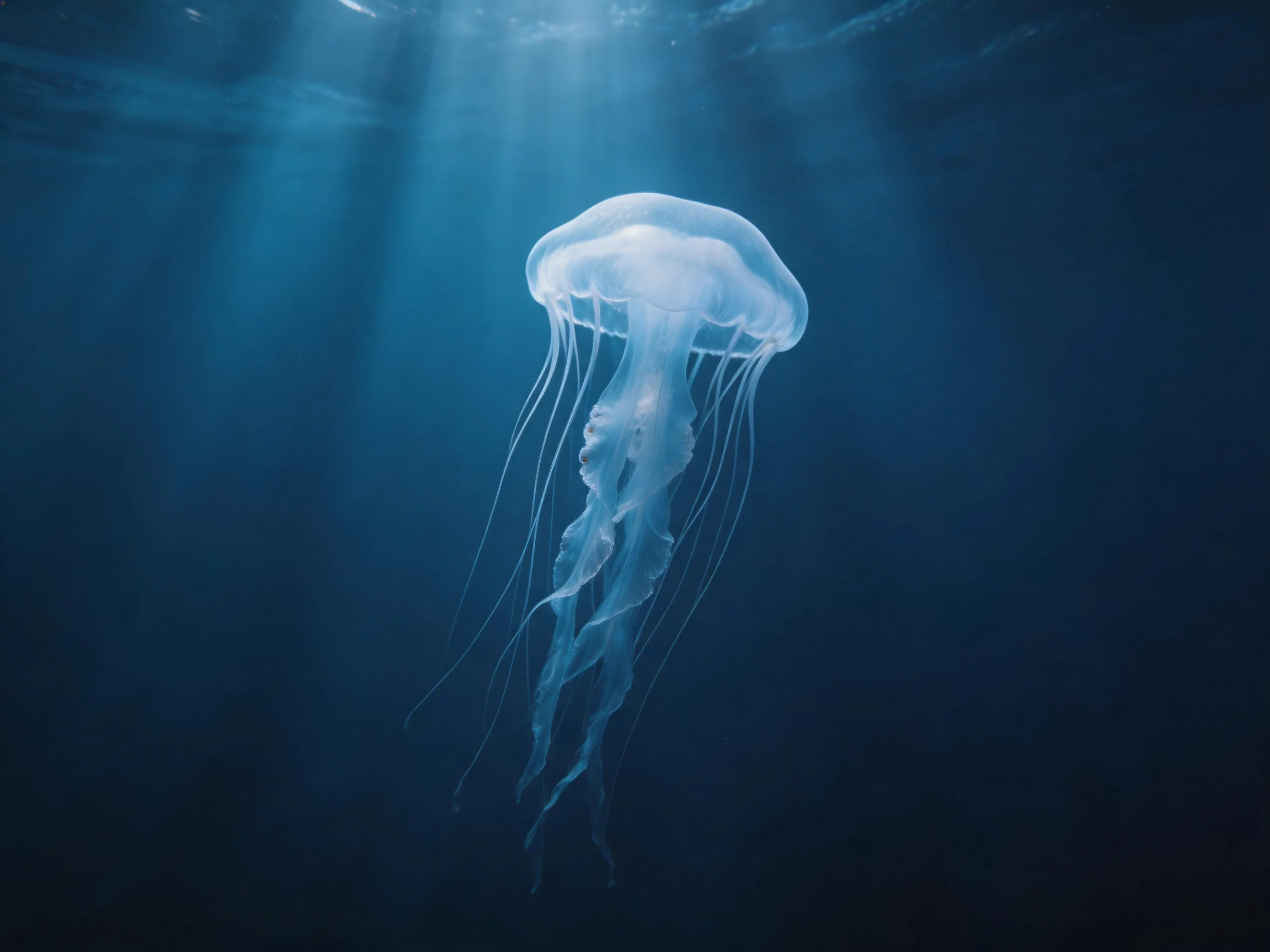 A translucent jellyfish floats in deep blue ocean waters with sunlight beams