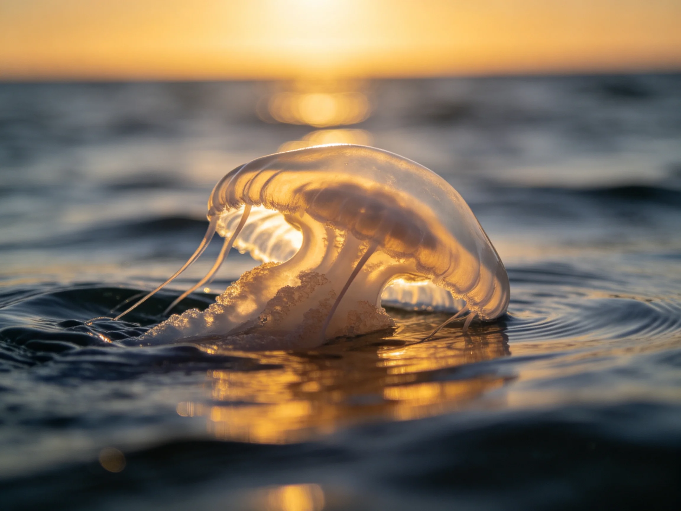 A translucent jellyfish floats in ocean waves at golden hour