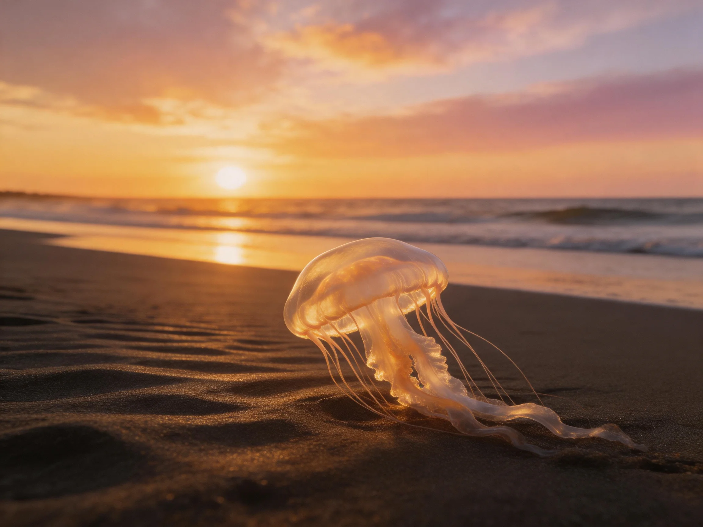 A translucent jellyfish rests on dark sand under vibrant sunset hues
