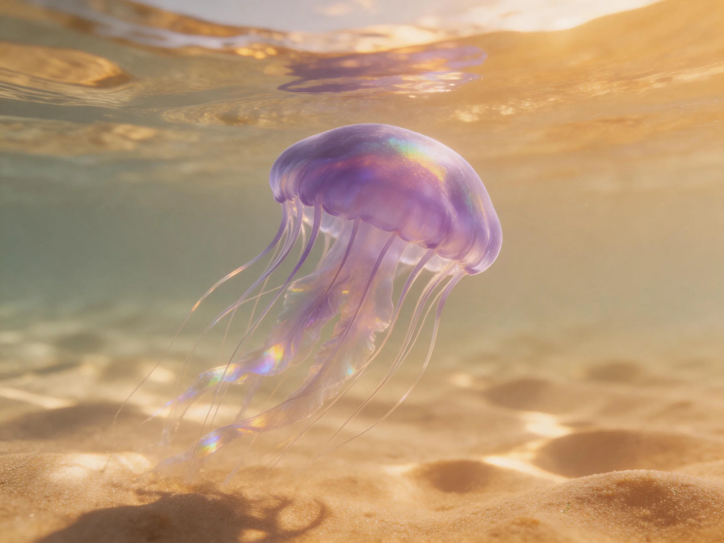 A translucent purple jellyfish floats near a sandy ocean floor