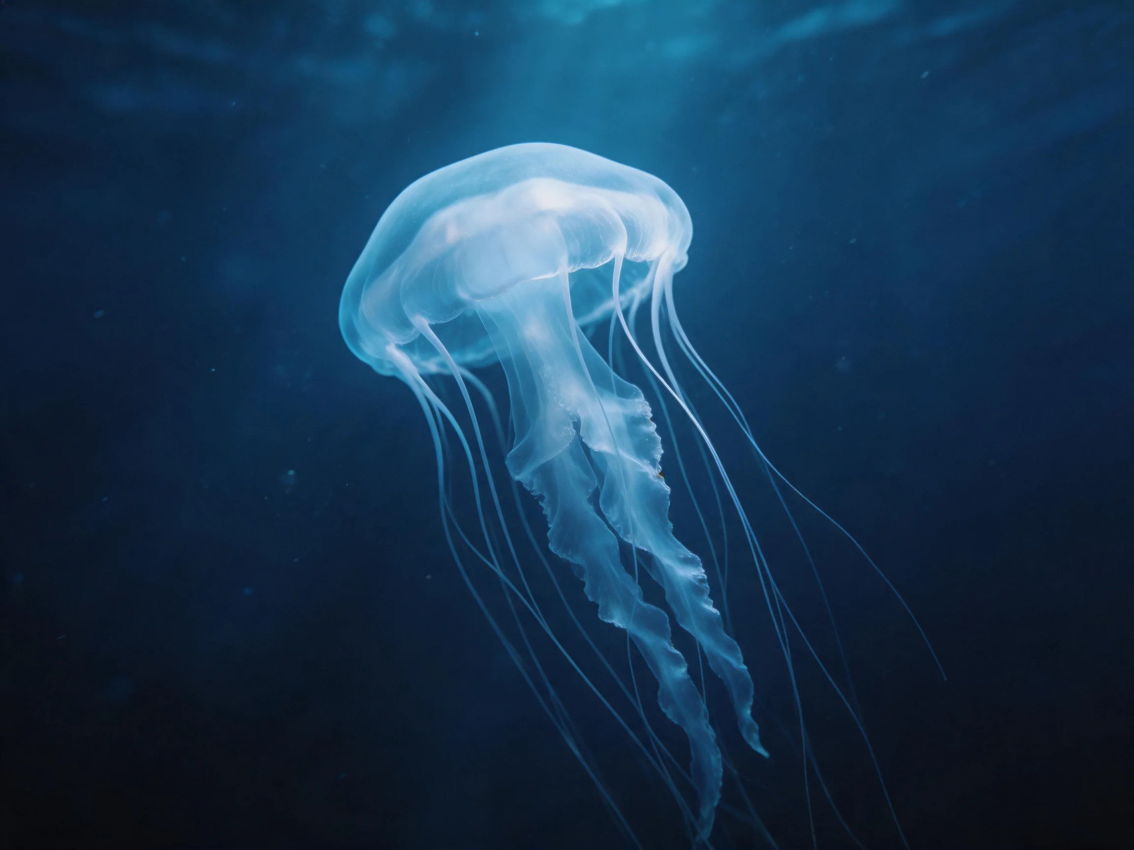 A translucent white jellyfish drifts in deep blue ocean waters