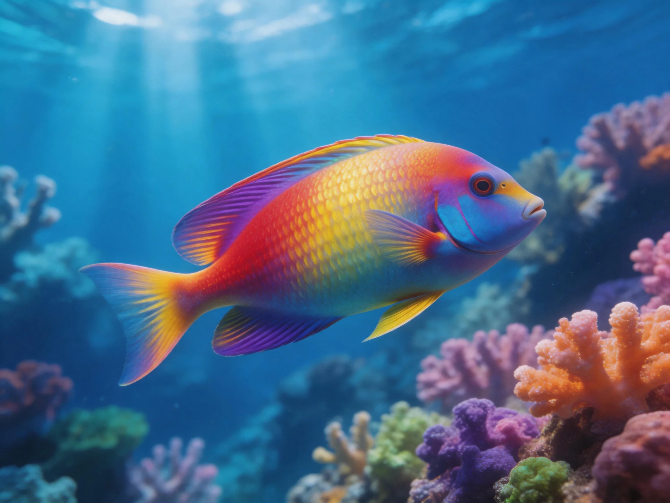 A vibr colored fish swims near diverse coral formations