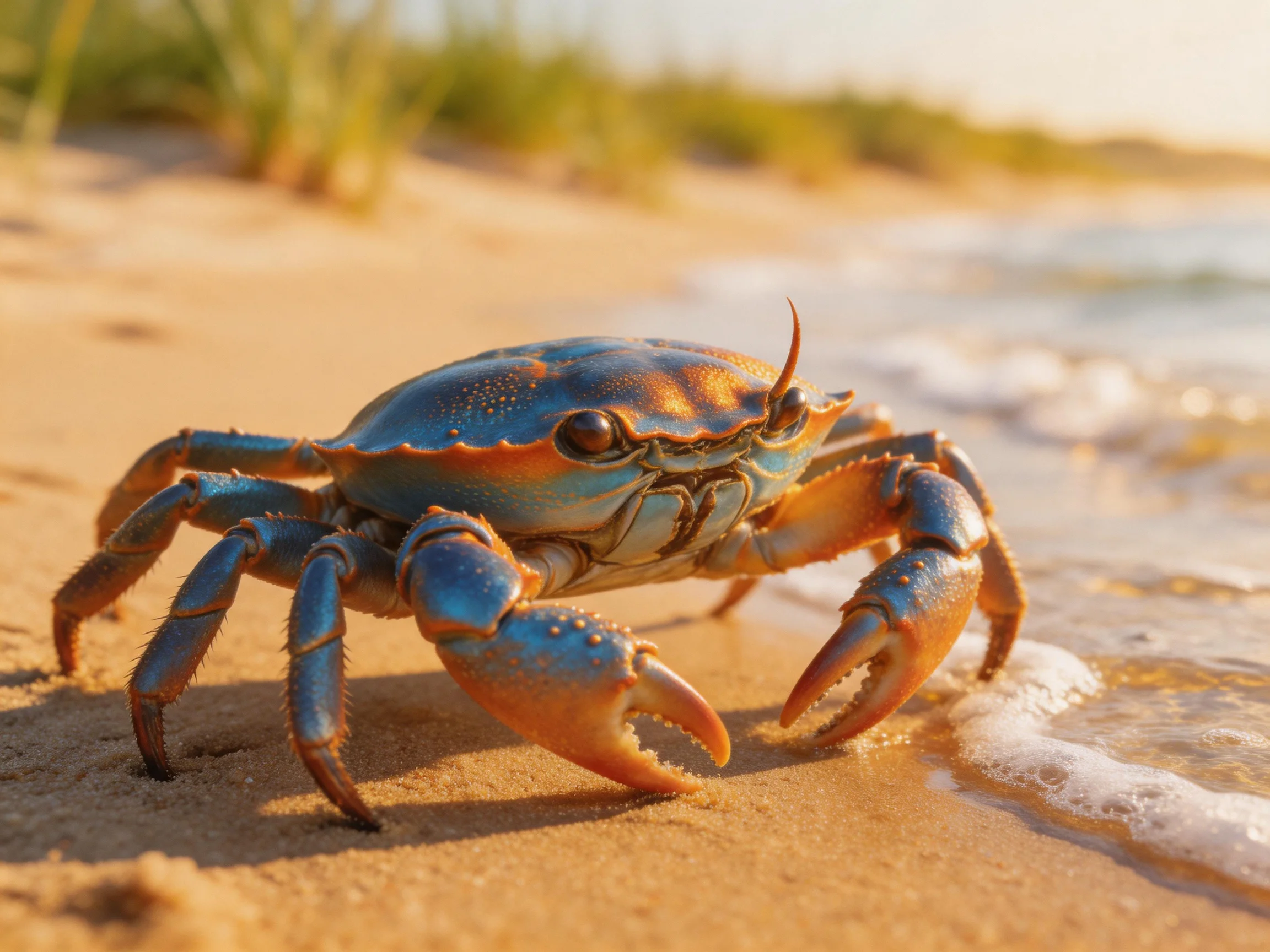 A vibrant blue crab on sandy shore with ocean waves nearby