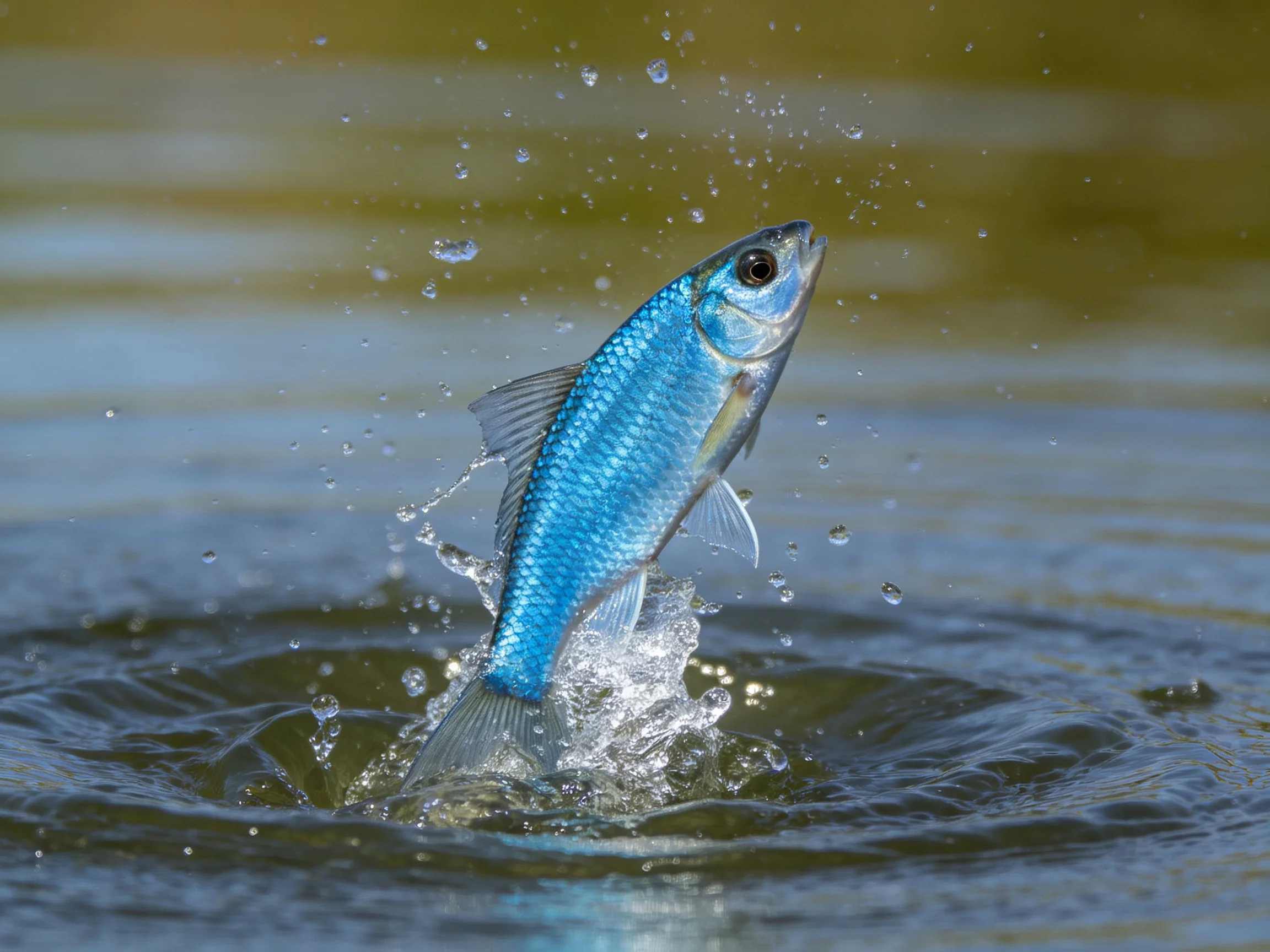A vibrant blue fish leaps from rippling water with splashing droplets