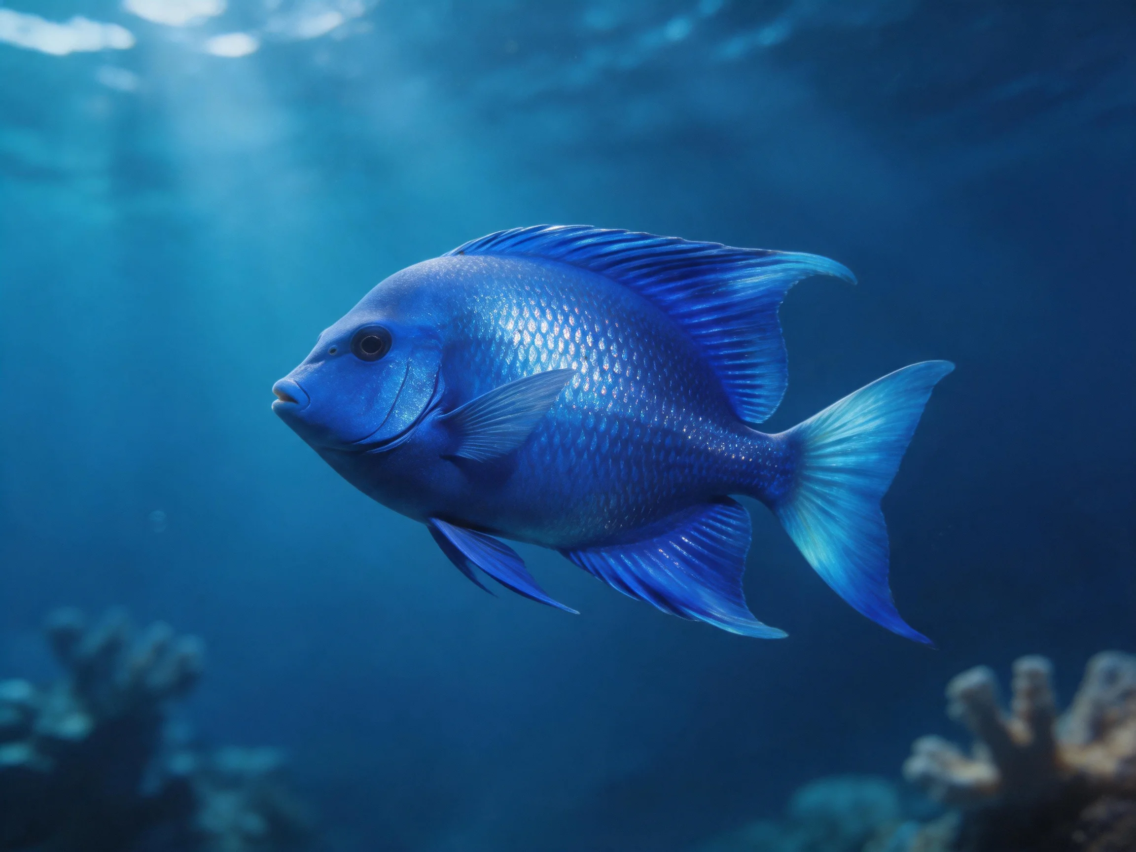 A vibrant blue fish swimming near coral formations in a sun-dappled ocean