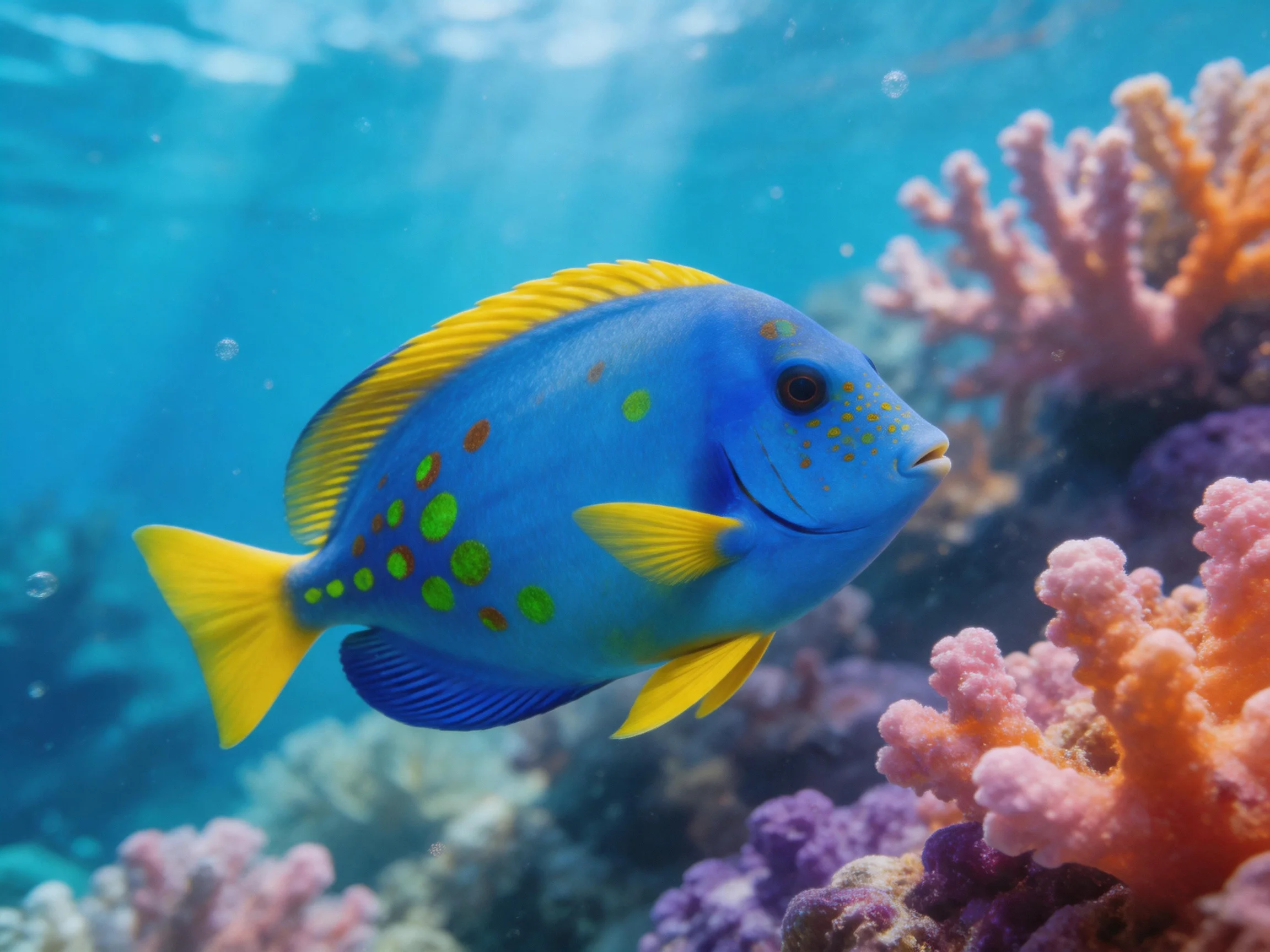 A vibrant blue fish swims among colorful coral formations in clear turquoise water