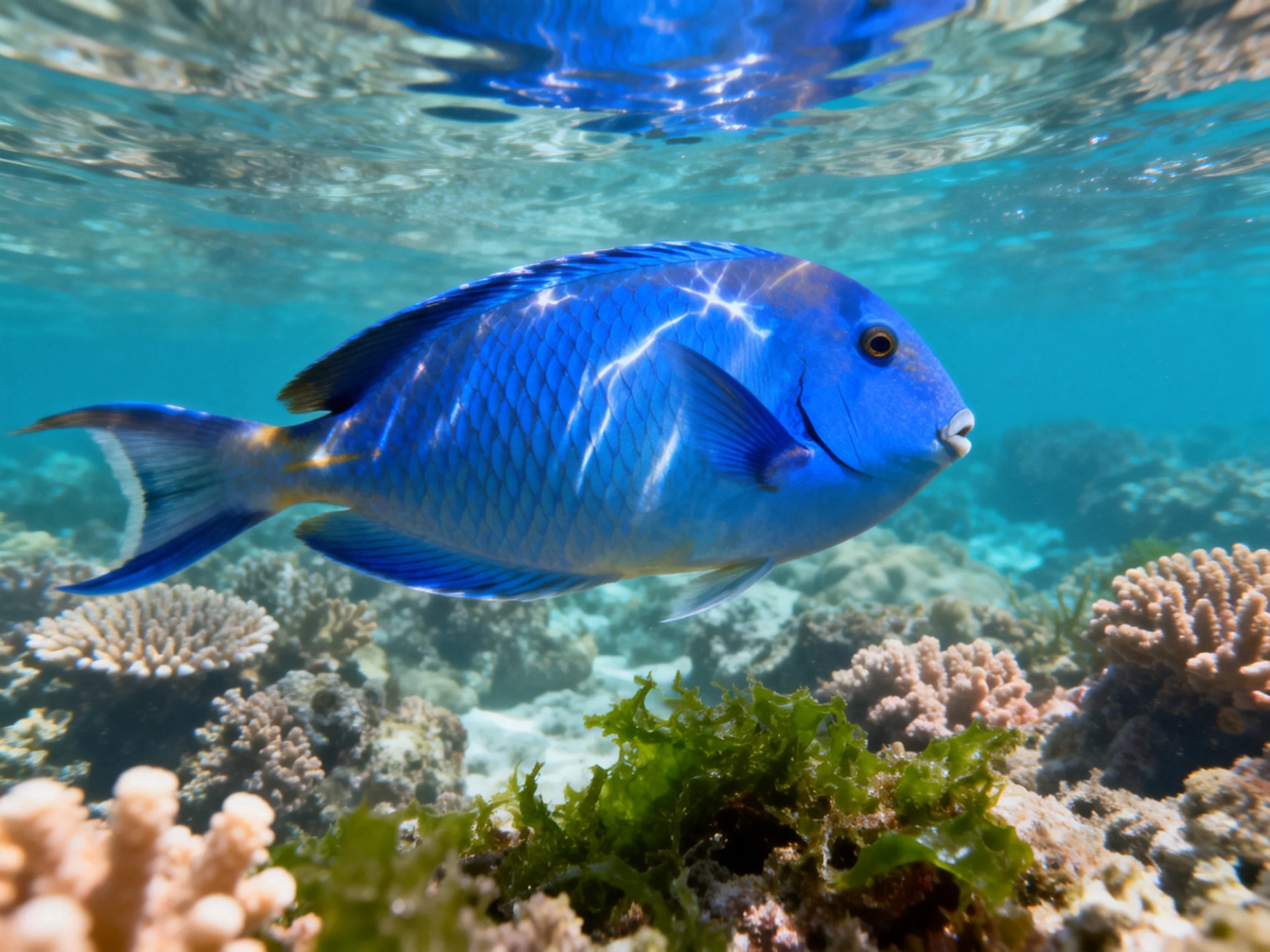 A vibrant blue fish swims among colorful coral reefs in clear water