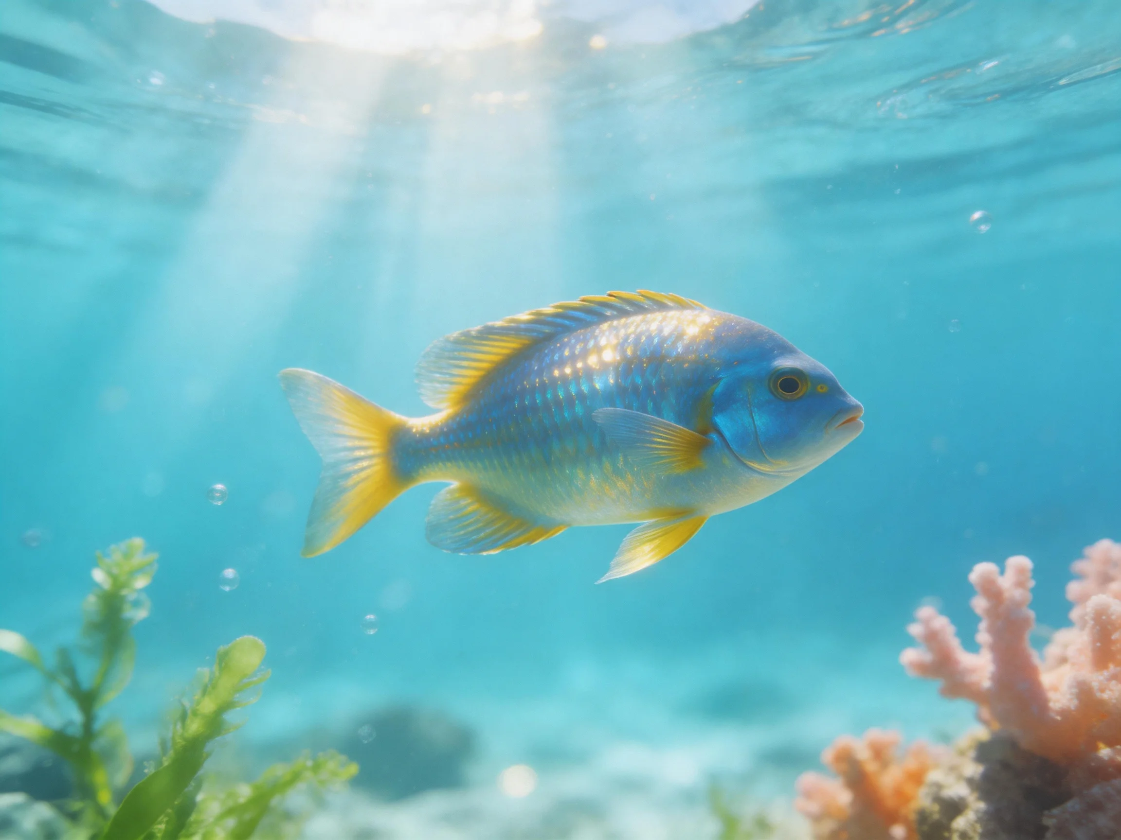 A vibrant blue fish swims near pink coral and green seaweed under sunlight