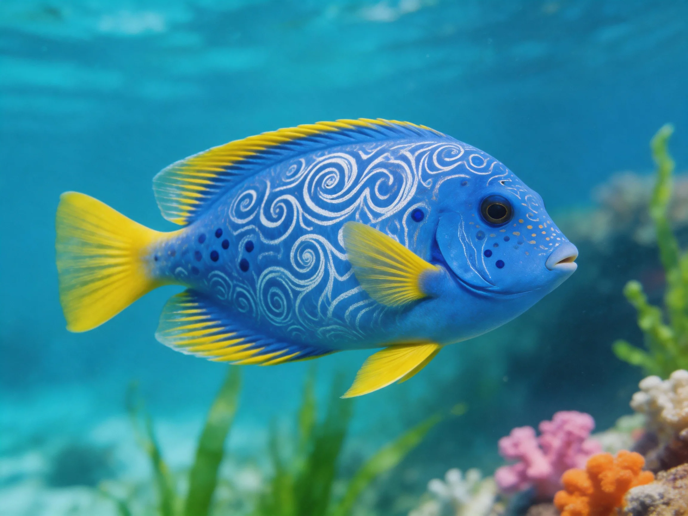 A vibrant blue fish with yellow fins and swirling patterns swims near coral