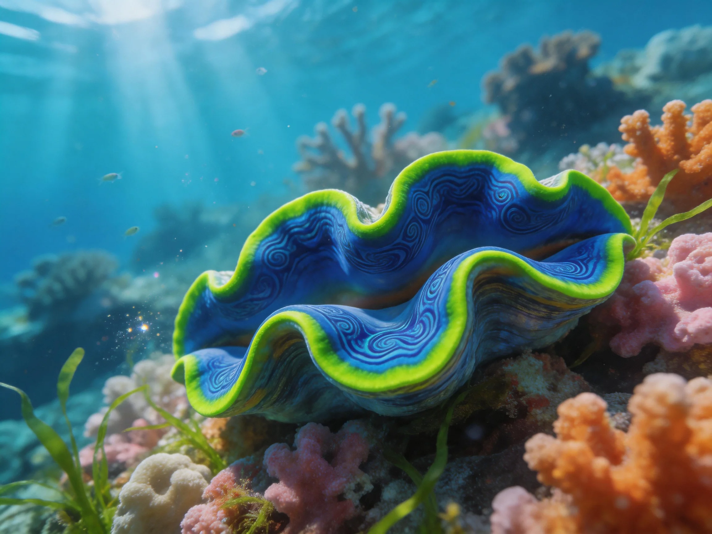 A vibrant blue-green giant clam amid colorful coral reefs under sunlight