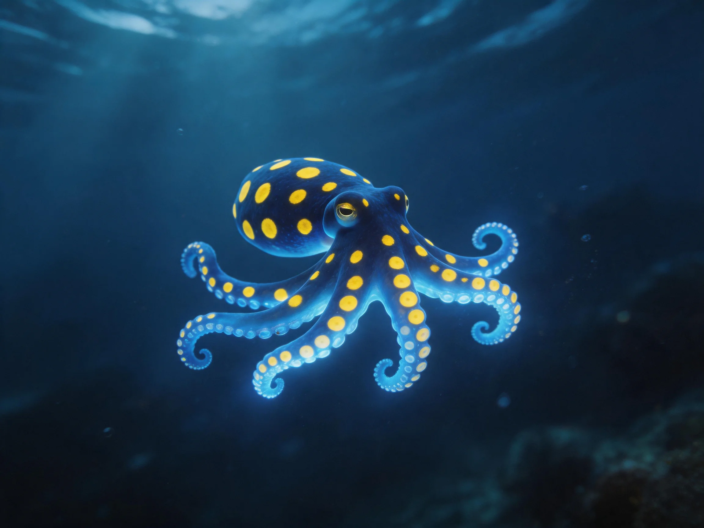 A vibrant blue octopus with bright yellow spots gliding through dark ocean depths