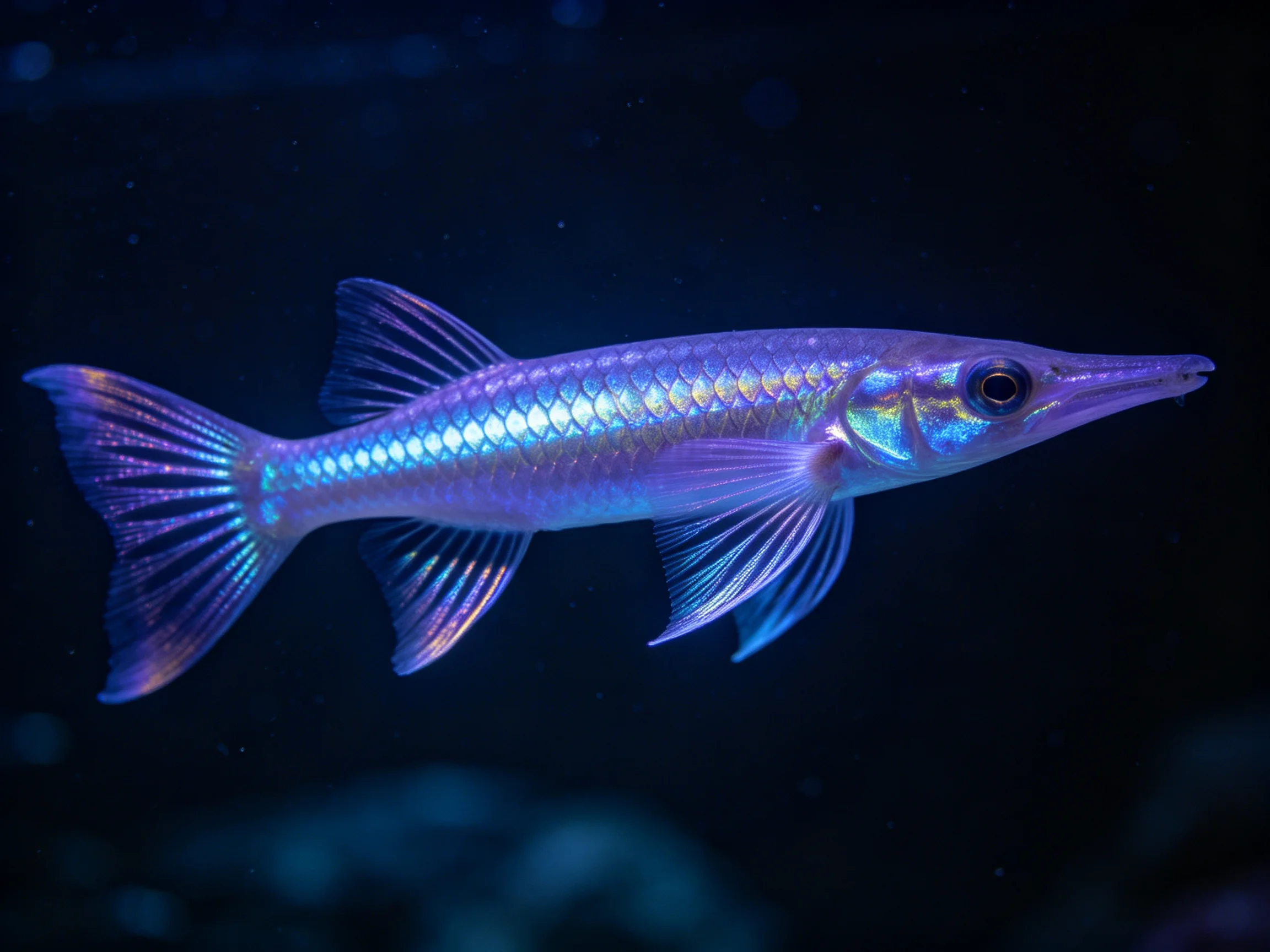 A vibrant blue-purple fish swims gracefully in dark water