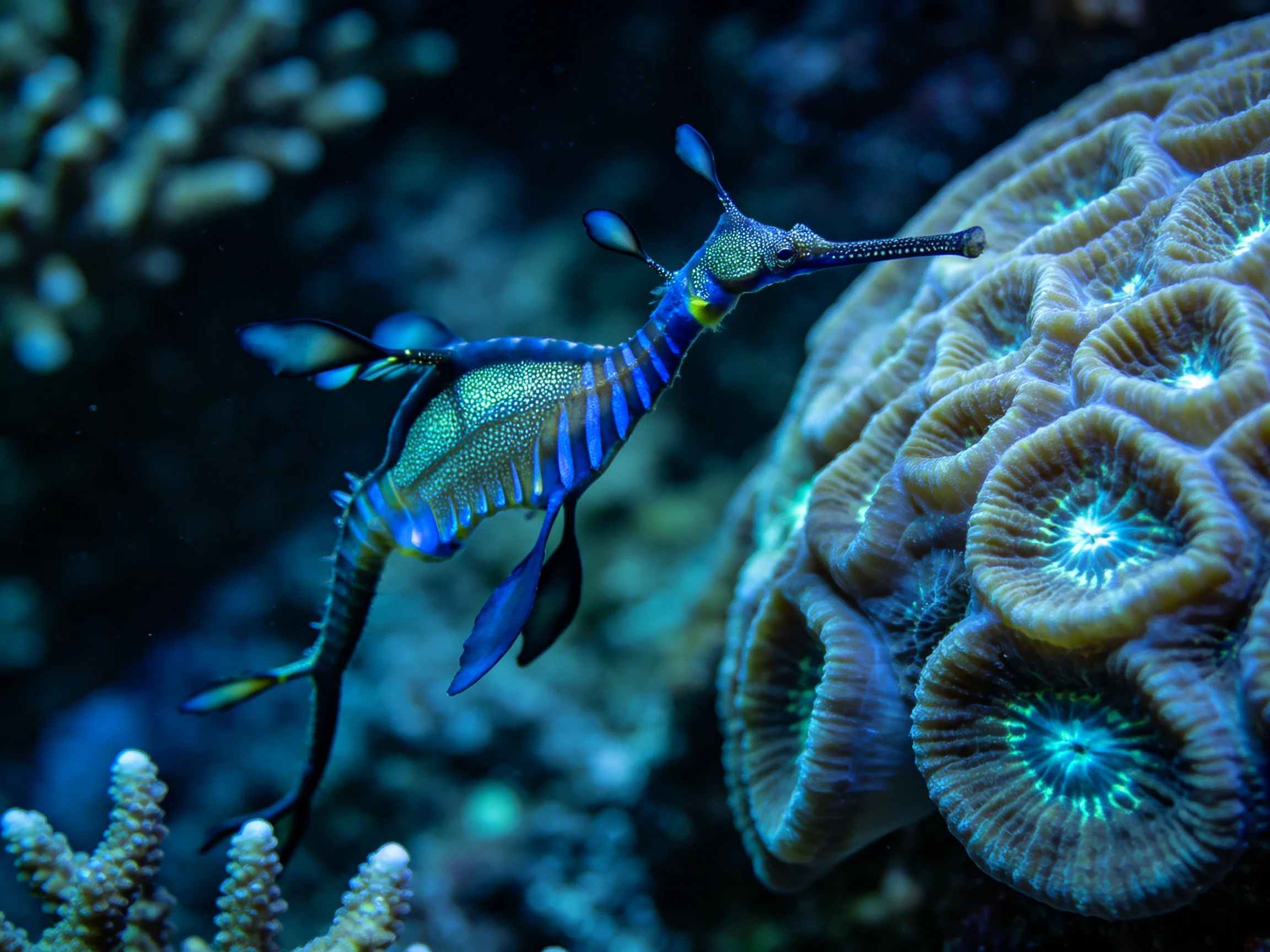 A vibrant blue sea dragon near glowing coral formations