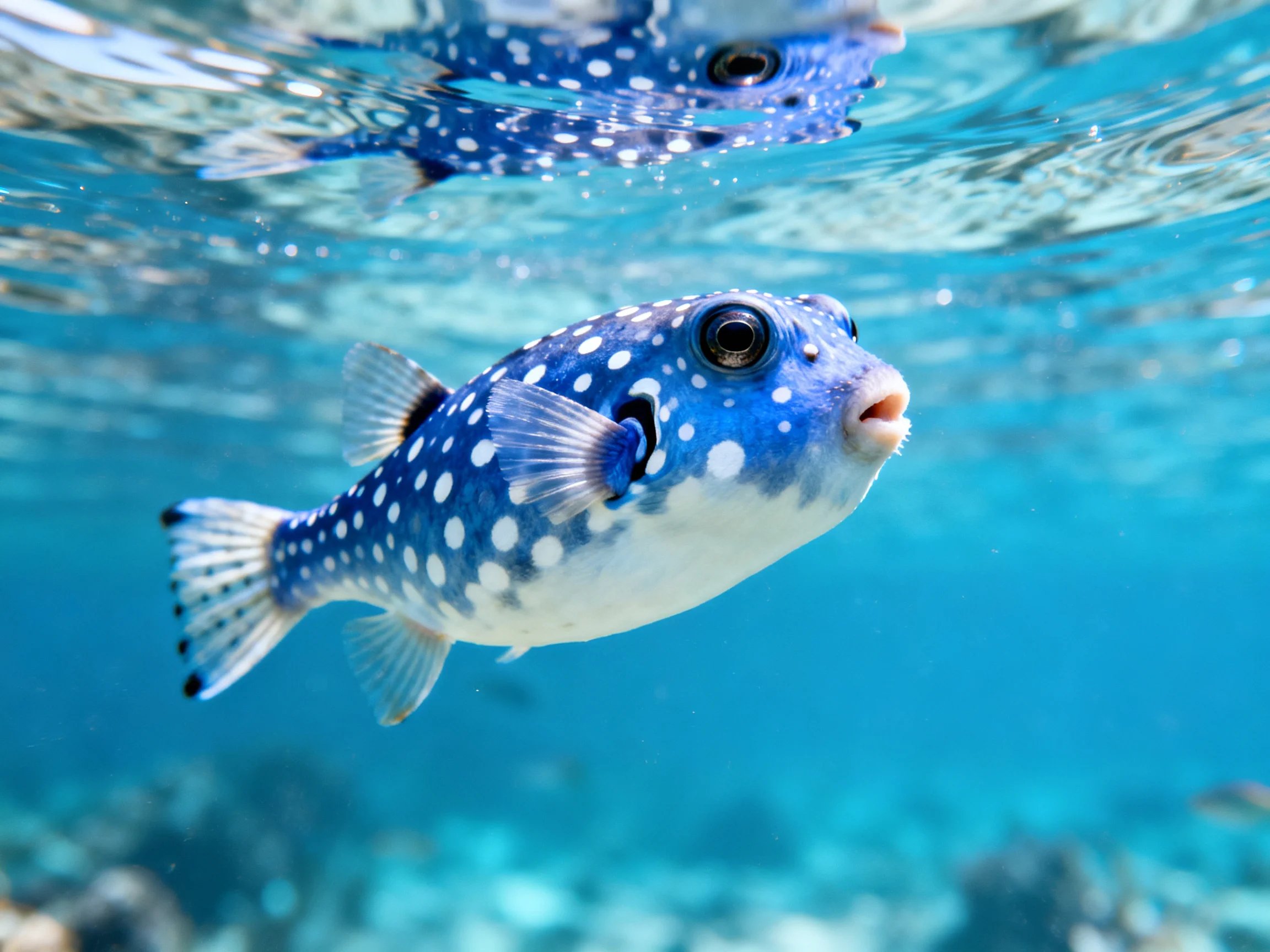 A vibrant blue-spotted pufferfish swims in clear turquoise water