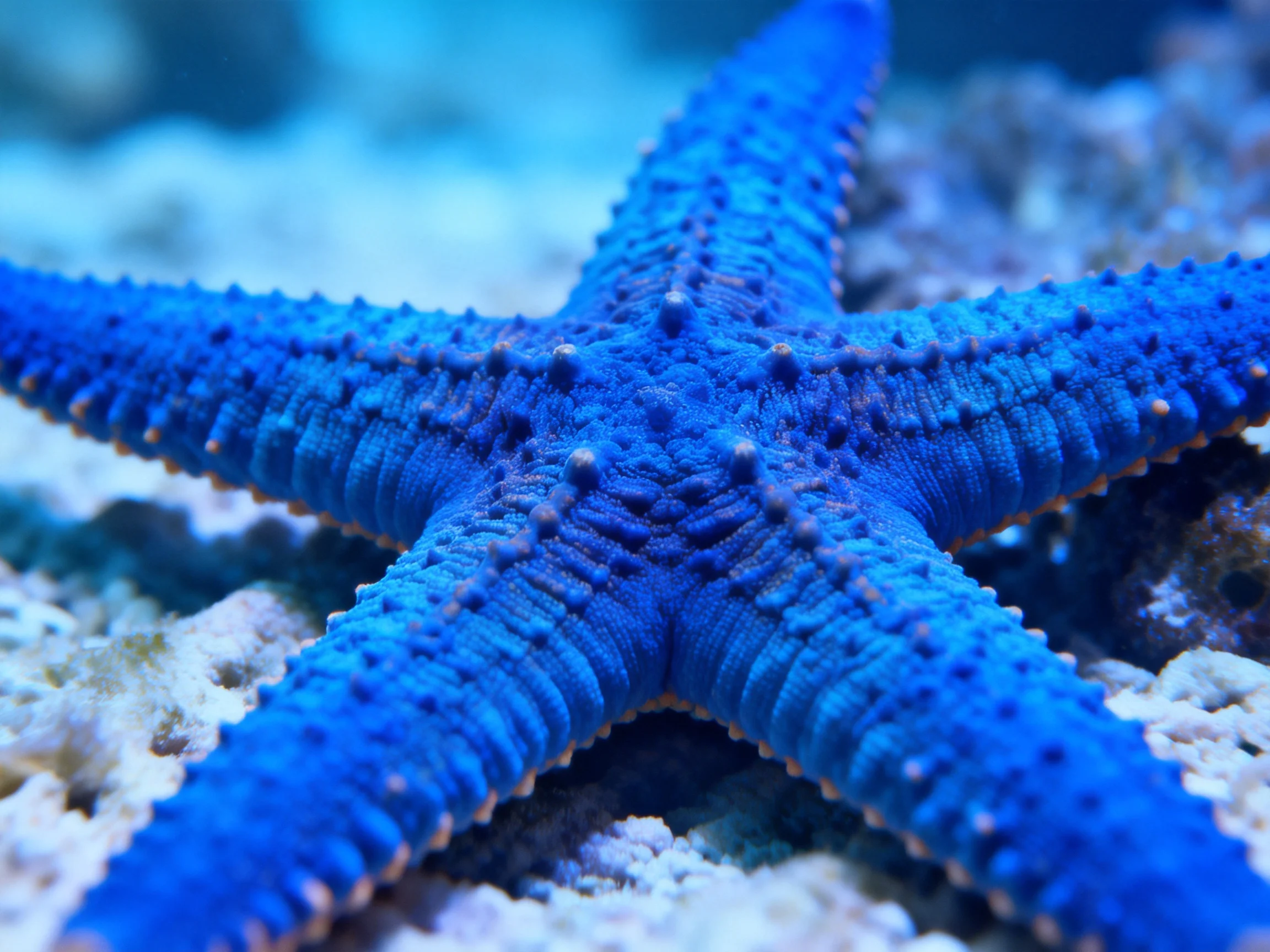 A vibrant blue starfish with textured arms on a coral reef