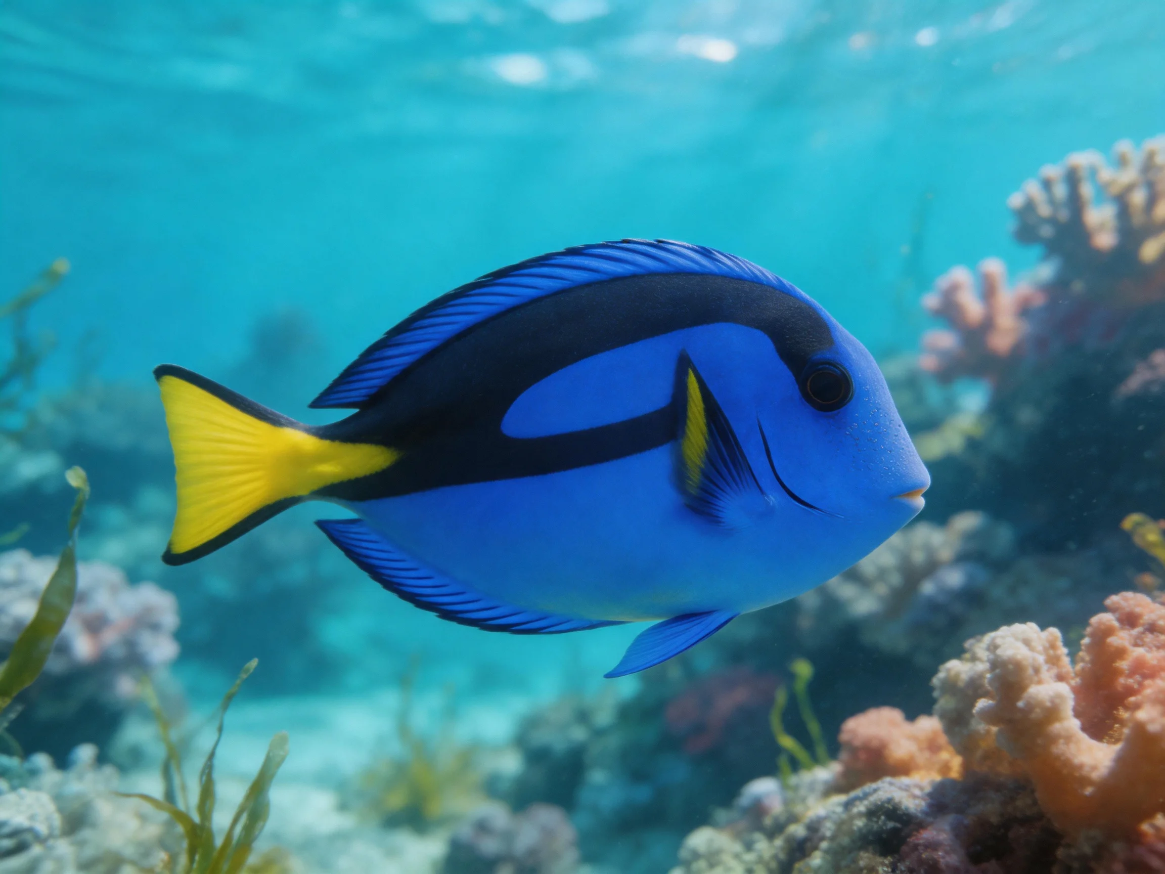 A vibrant blue tropical fish swims near colorful coral reefs