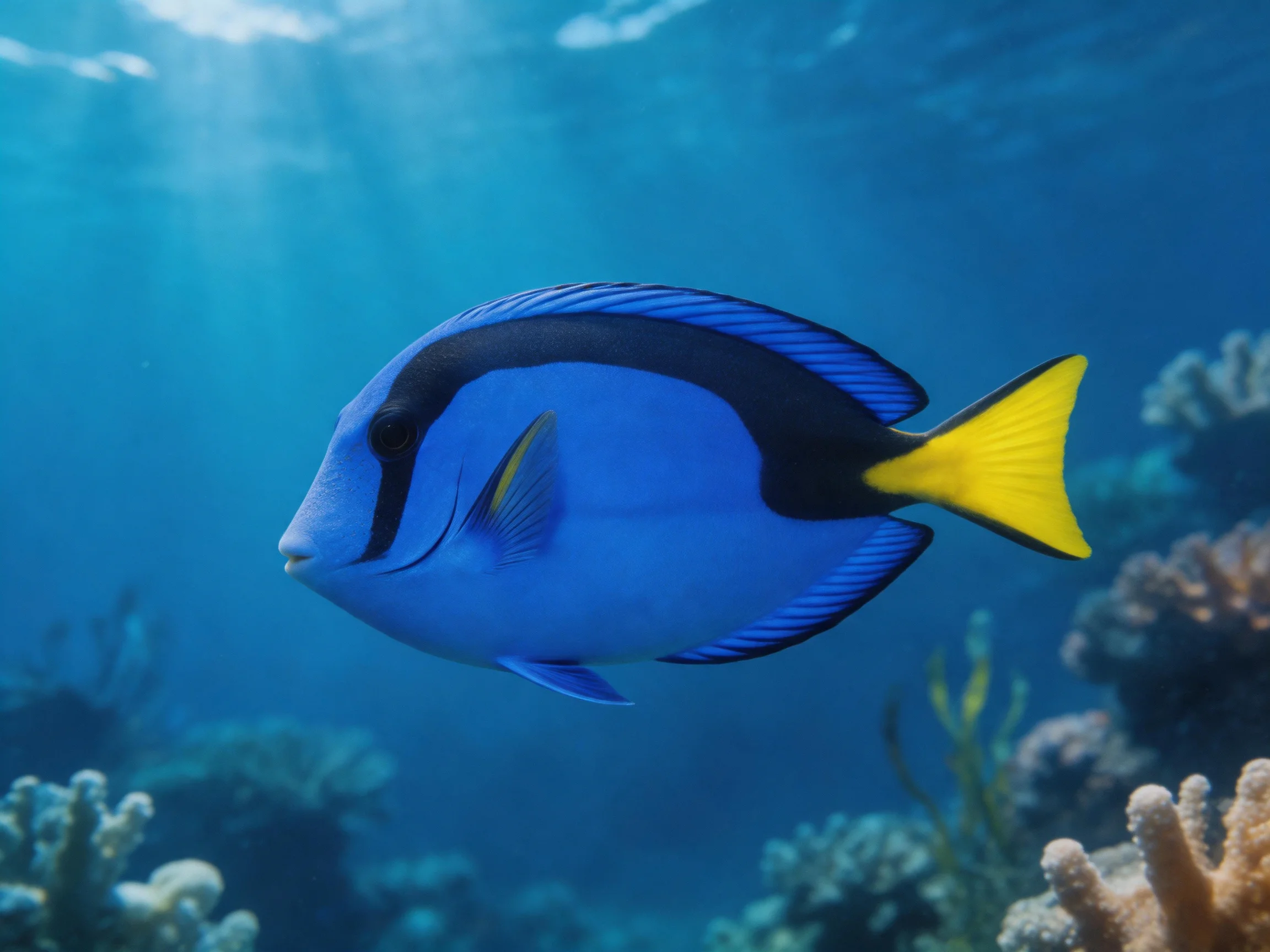 A vibrant blue tropical fish swims near colorful coral reefs
