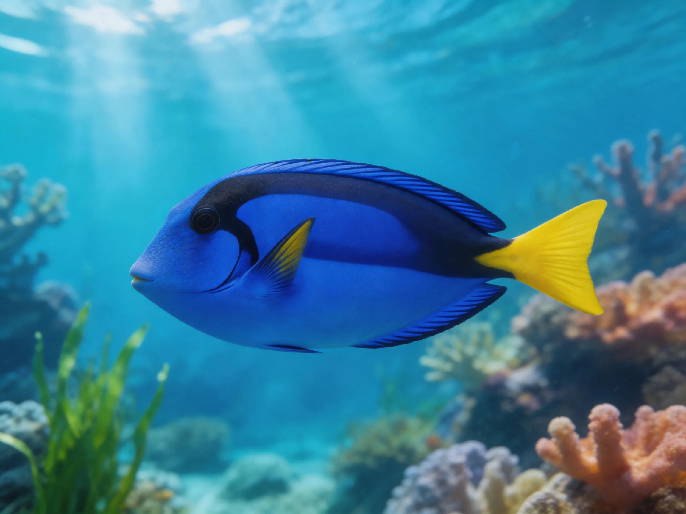 A vibrant blue tropical fish swims near colorful coral reefs