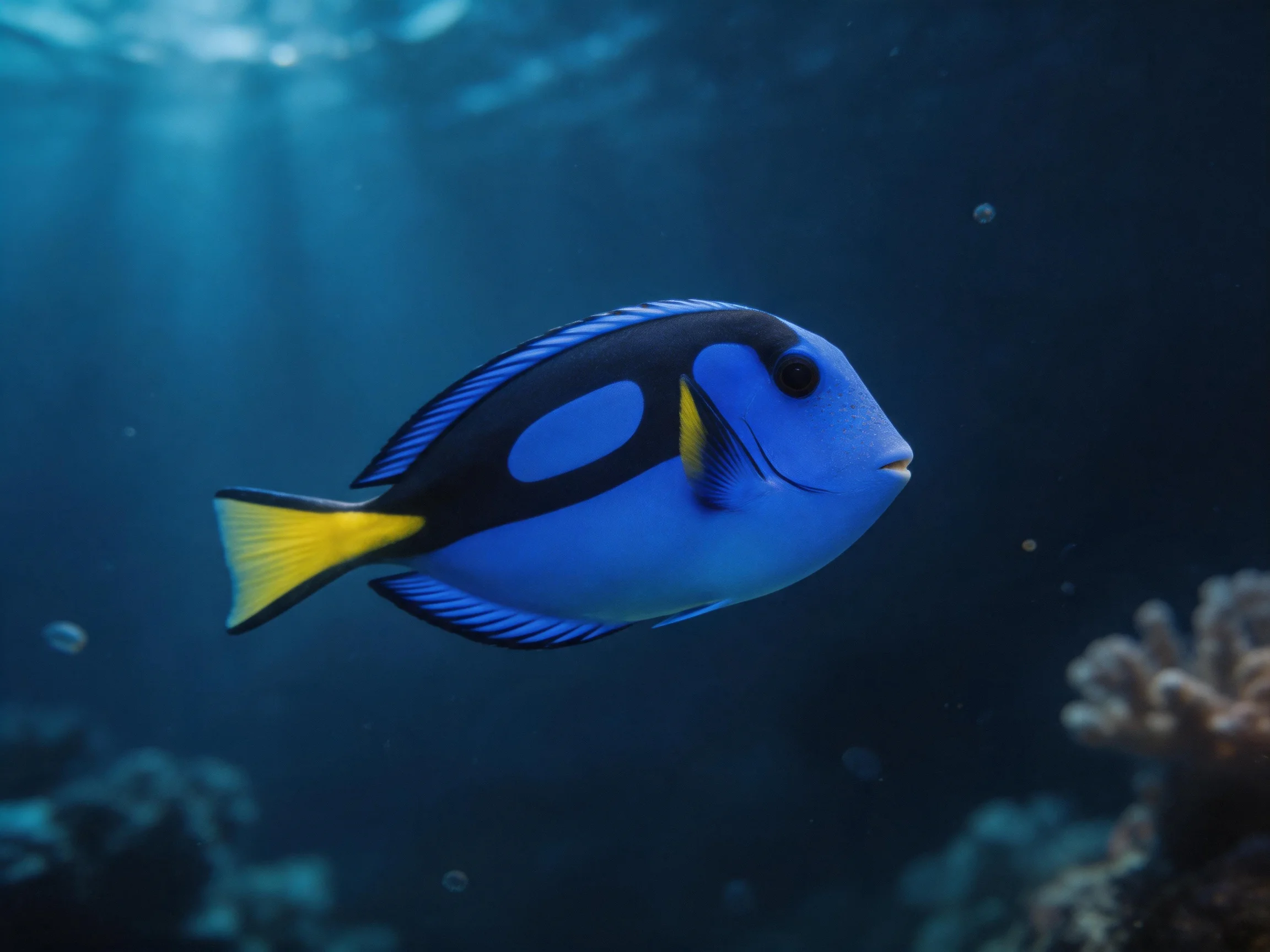 A vibrant blue tropical fish swims near coral reefs in deep water