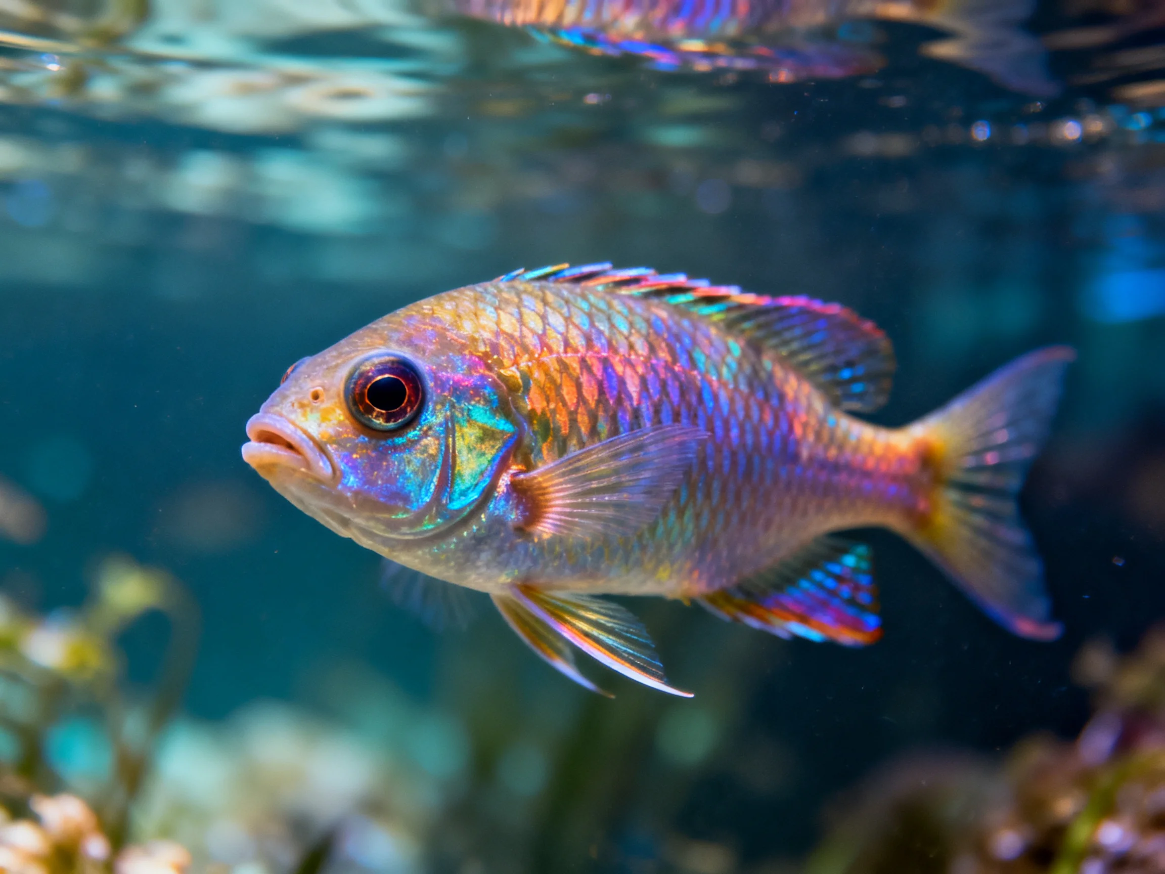 A vibrant cichlid swims amid aquatic plants with shimmering scales