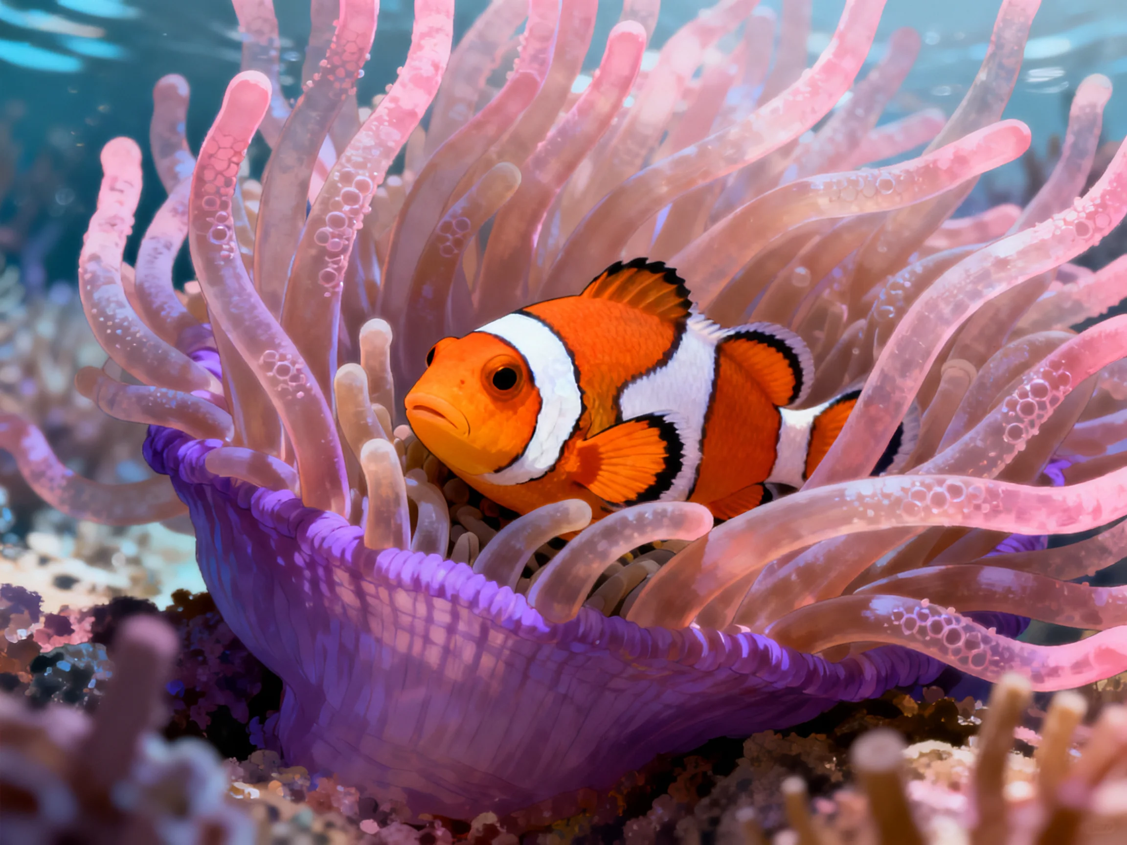 A vibrant clownfish nestled amid pink and purple sea anemone tentacles