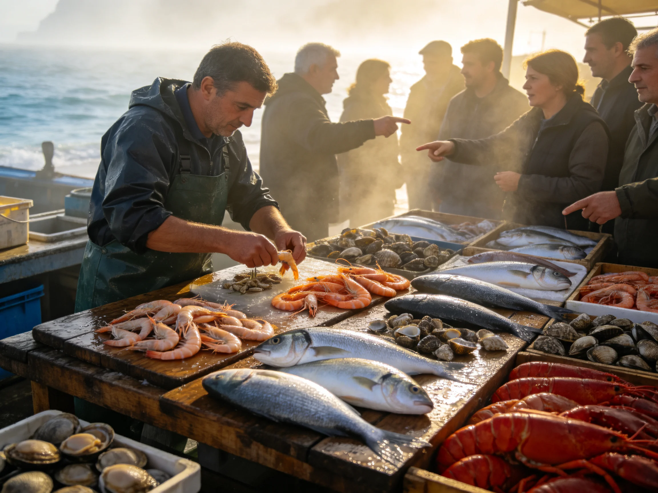 A vibrant coastal seafood market featuring fresh fish and shellfish