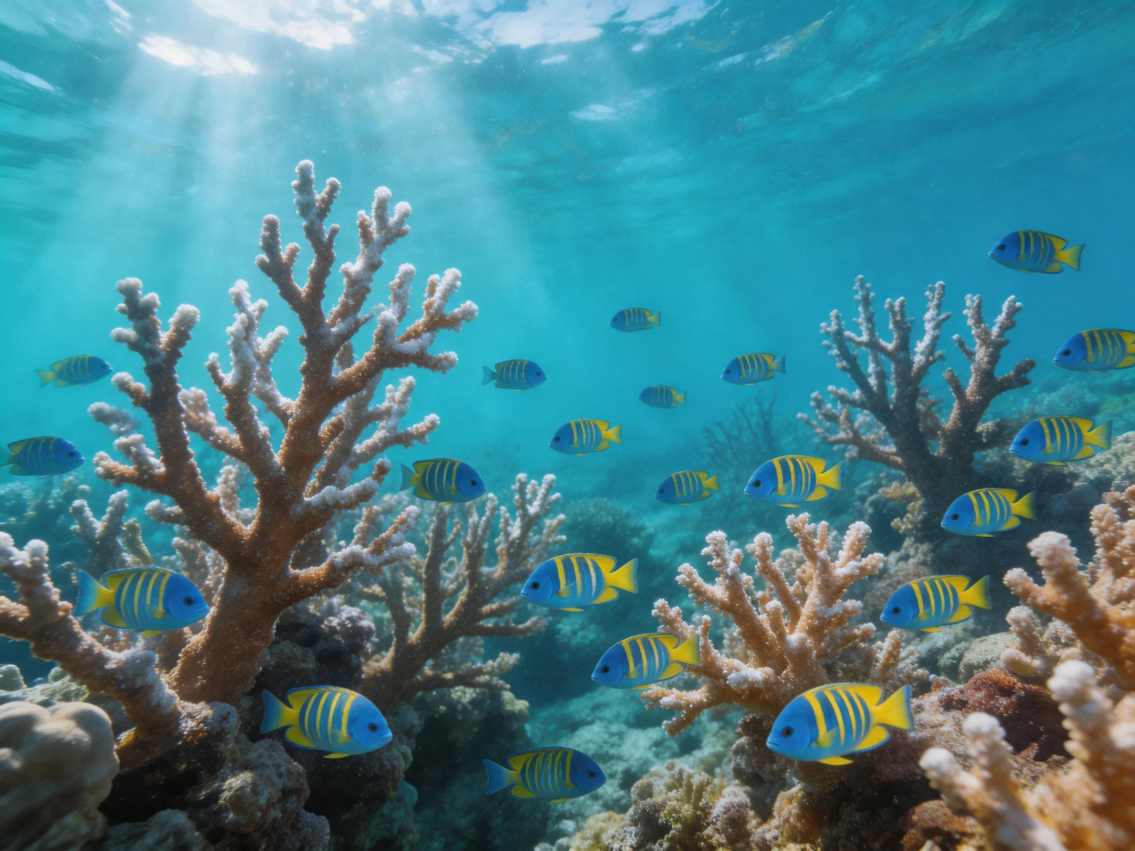 A vibrant coral reef filled with blue and yellow striped fish