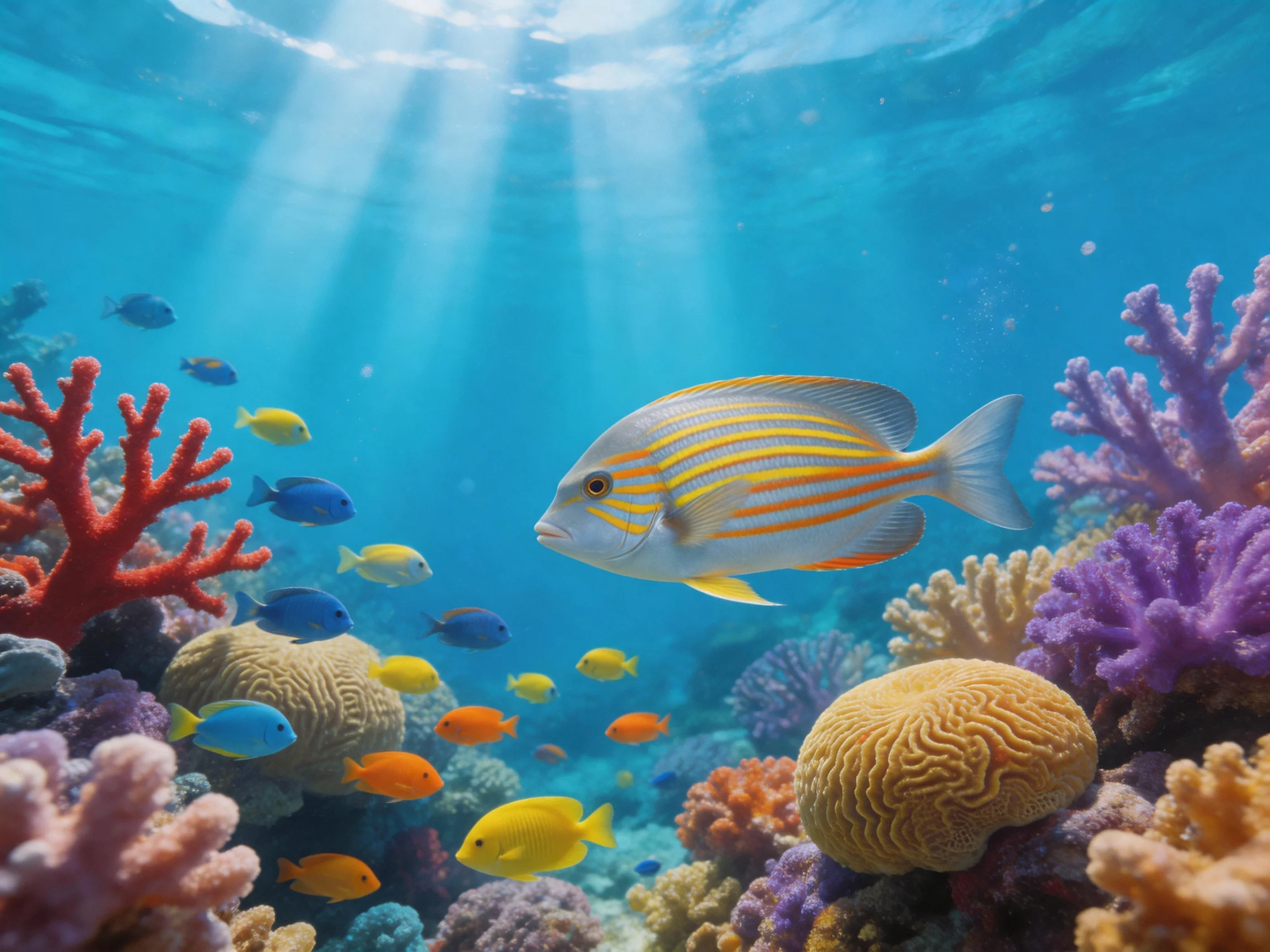 A vibrant coral reef teeming with multicolored tropical fish