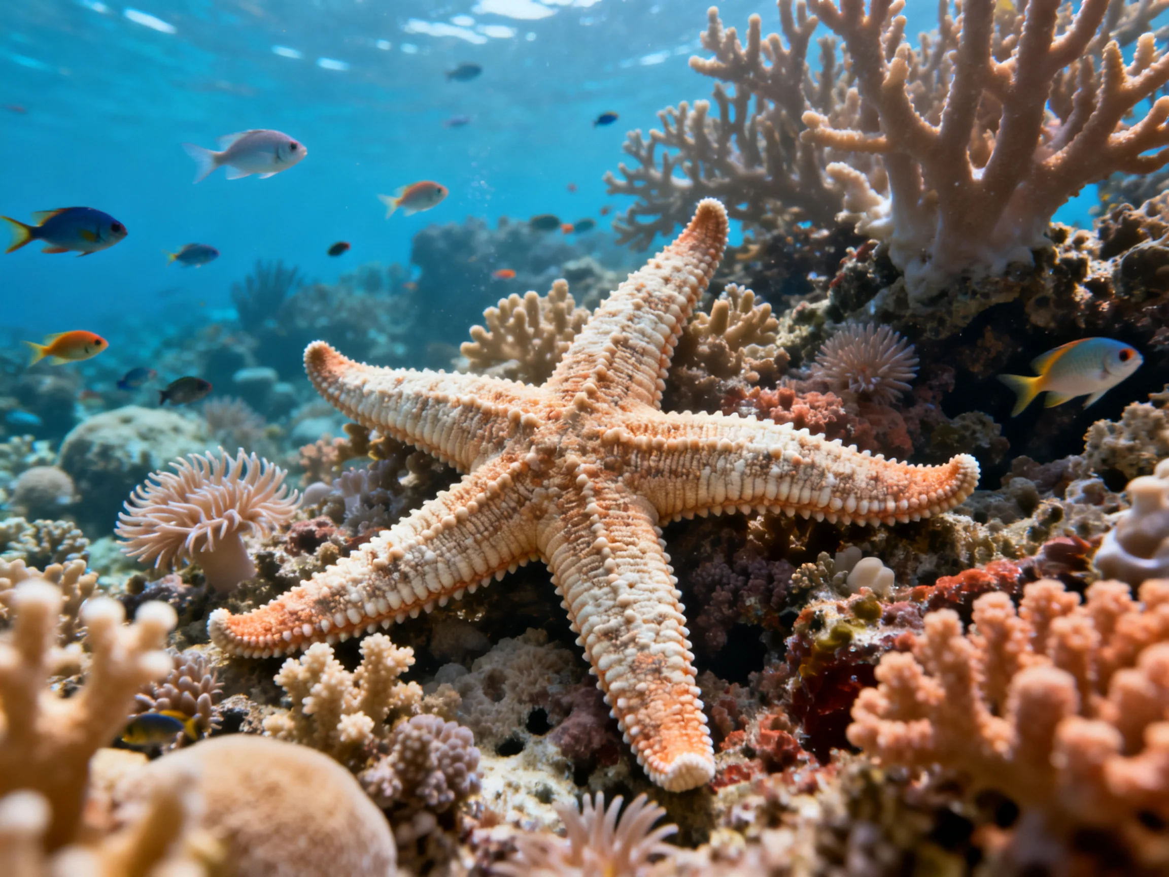 A vibrant coral reef with a large orangestarfish and colorful fish